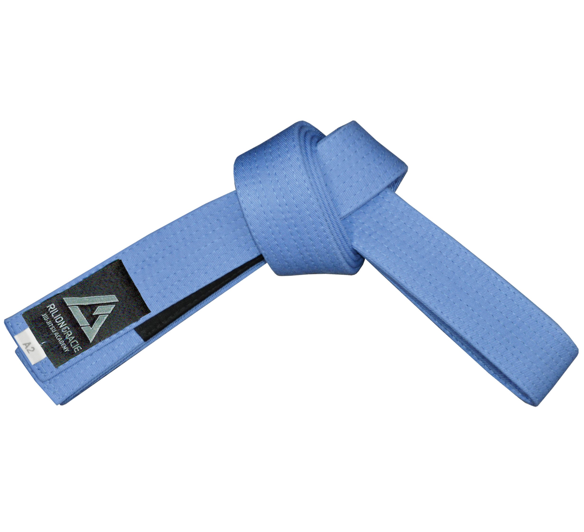 The Rilion Gracie Belt Blue is a light blue martial arts belt, neatly tied, featuring a black and silver patch and an A2 white size tag on one end.