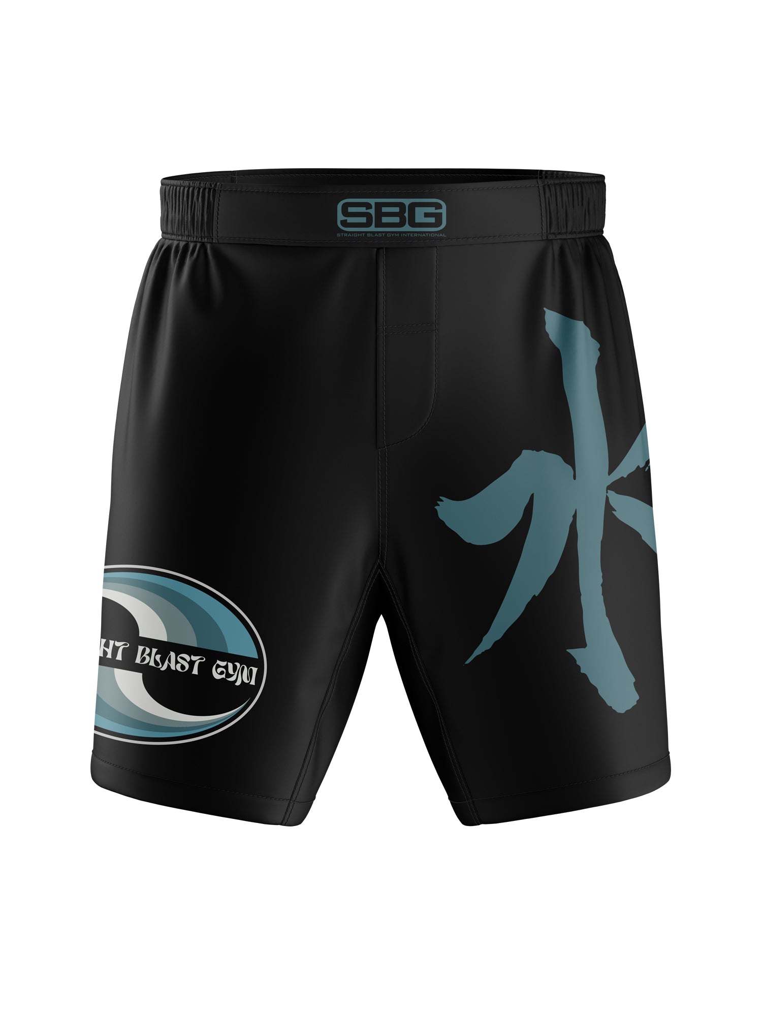 The SBG Flow Like Water Shorts Black feature a teal SBG logo on the waistband, a wave design with Straight Blast Gym on the left leg, and a large teal kanji symbol on the right leg.