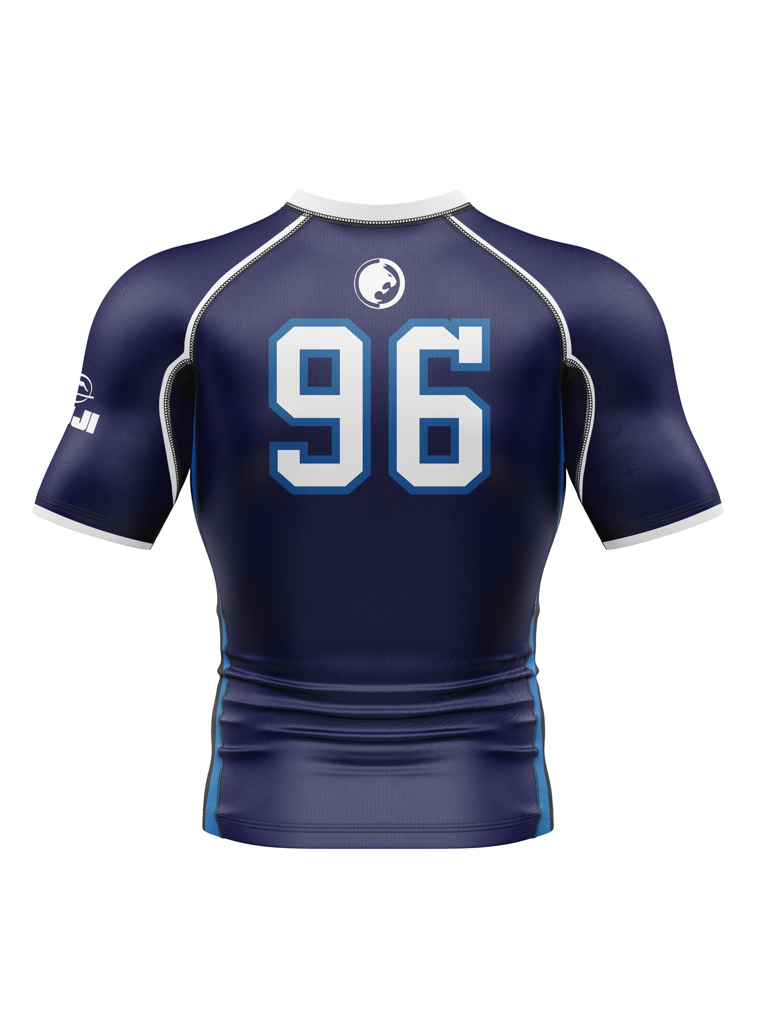 Renzo Gracie '96 Jersey Short Sleeve Rashguard Blue—navy athletic shirt with white piping, large light blue and white “96” on the back, small circular logo above the number, and sleeve logos.