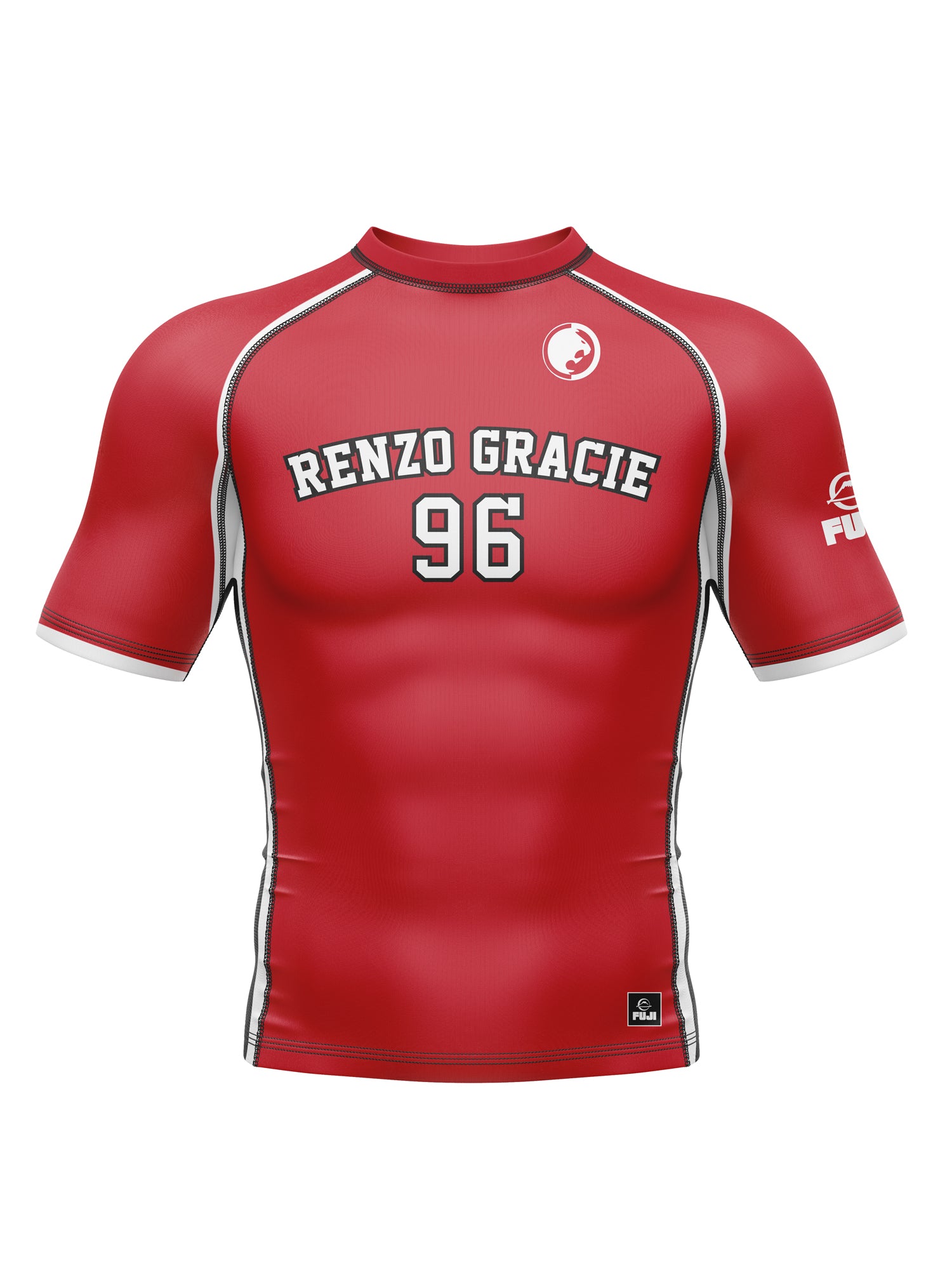 The Renzo Gracie '96 Jersey Short Sleeve Rashguard in red features white "Renzo Gracie" and "96" chest prints, white side panels, plus logos on the right sleeve and upper left chest.