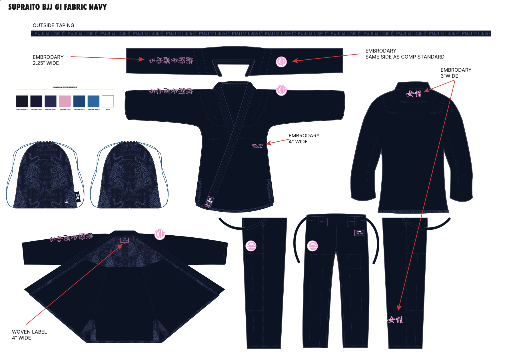 A technical illustration of the Suparaito Womens Jiu Jitsu Gi Navy displays front and back views of the jacket and pants, close-ups of embroidery locations, a woven label, taping details, and coordinated drawstring bags.