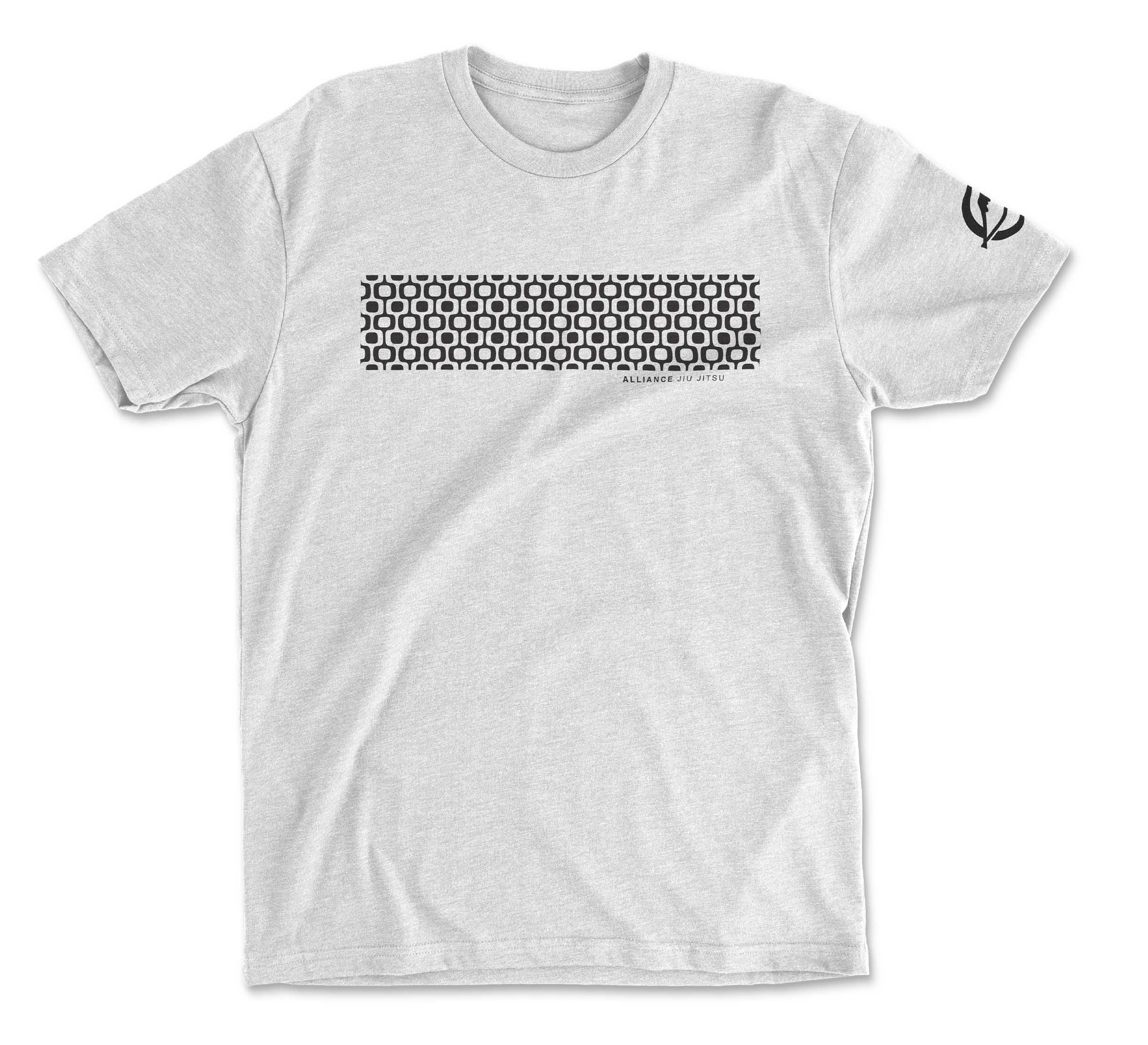 The FUJI x Alliance 30th Anniversary Short Sleeve T-Shirt in white features a black and white hexagonal pattern across the chest, “ALLIED SYSTEMS” text below it, and a small black abstract design on the left sleeve.