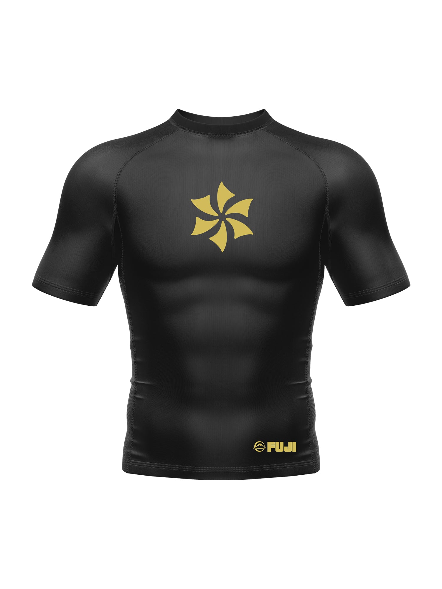 The Kids Exclusive Six Blades Team Short Sleeve Rashguard is black with a gold stylized star logo on the chest and "FUJI" with a gold logo near the lower left hem.