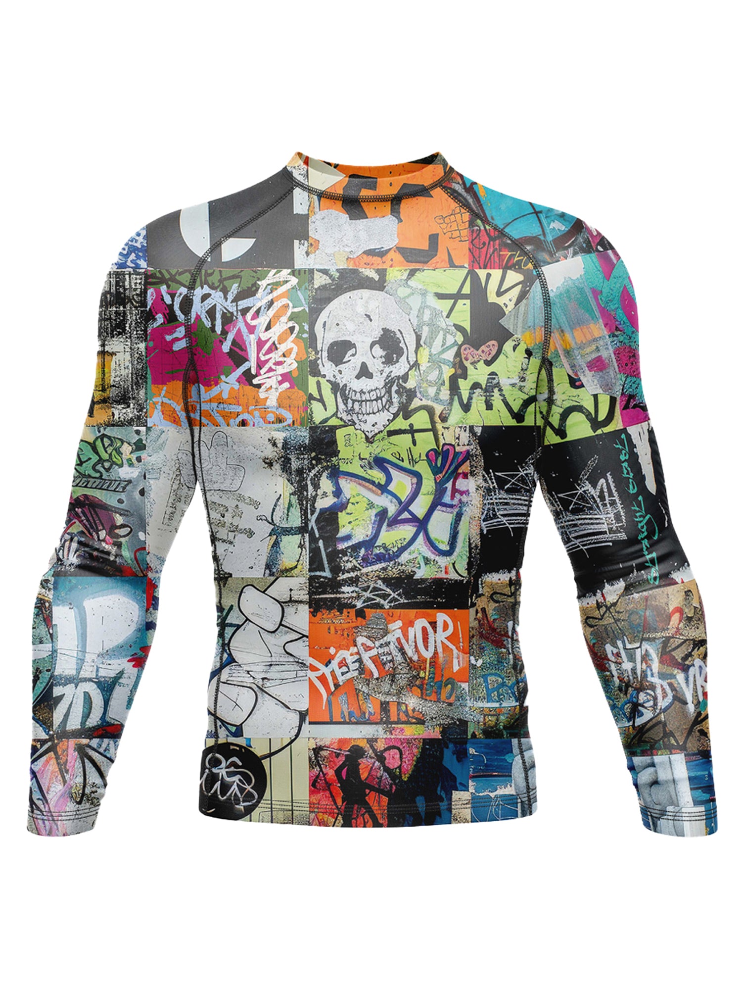 The Kids SBG Graffiti Long Sleeve Rashguard Black features an all-over bold, colorful graffiti print with tags, abstract designs, and a central skull for an urban street art look.