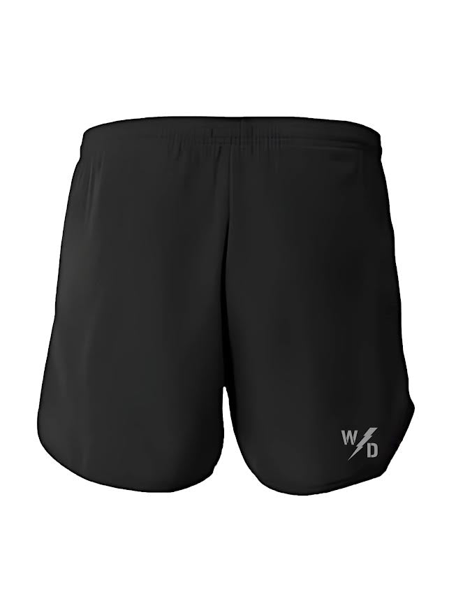 We Defy Athleisure Shorts Black feature a small WD and lightning bolt logo on the lower left leg, an elastic waistband, and a sleek, simple design. The image shows the shorts against a white background.