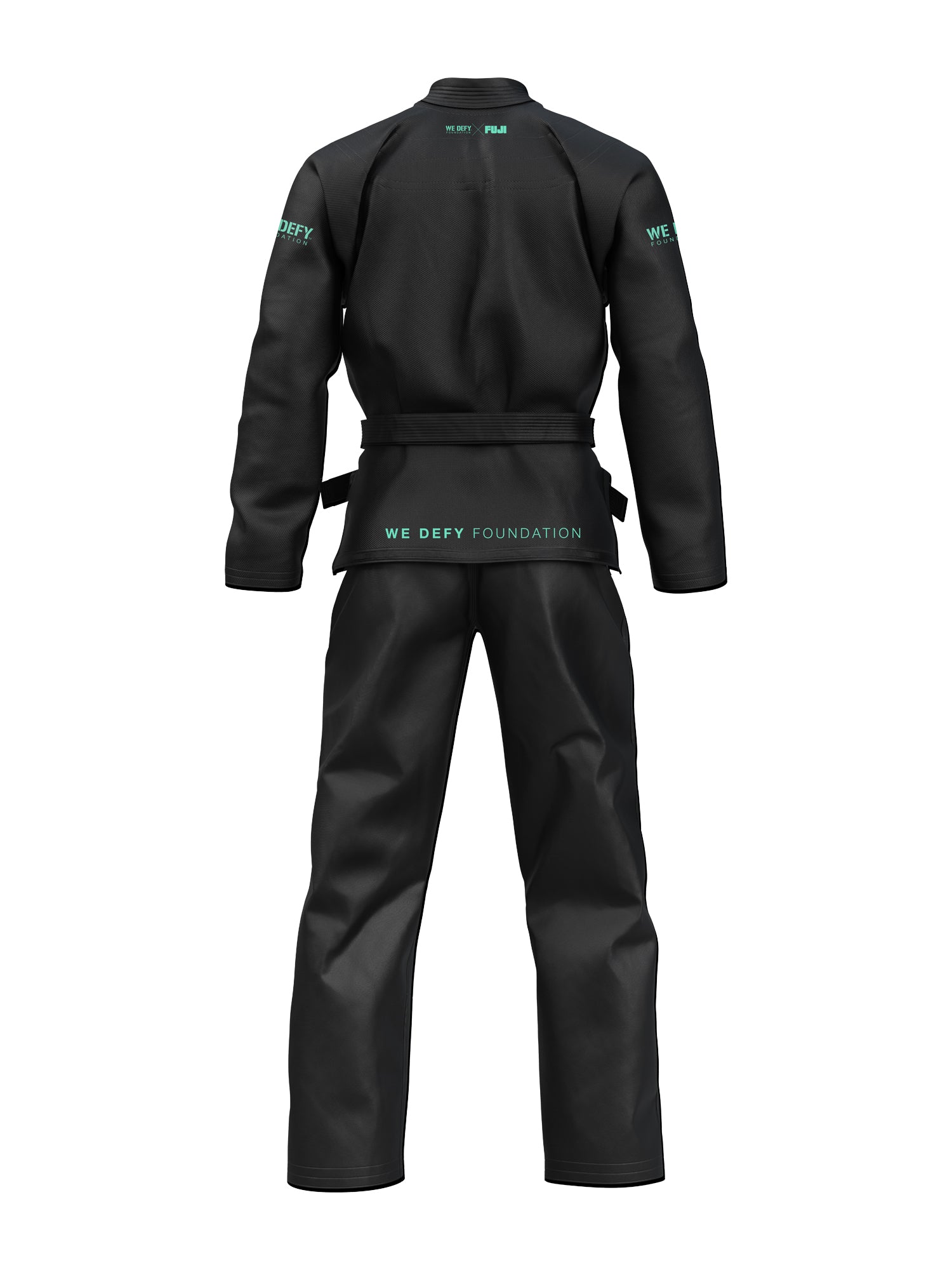 The We Defy Comp Standard BJJ Gi Black is shown from the back, displaying "WE DEFY FOUNDATION" in teal on the waistband, with additional teal accents on the shoulders and arms.
