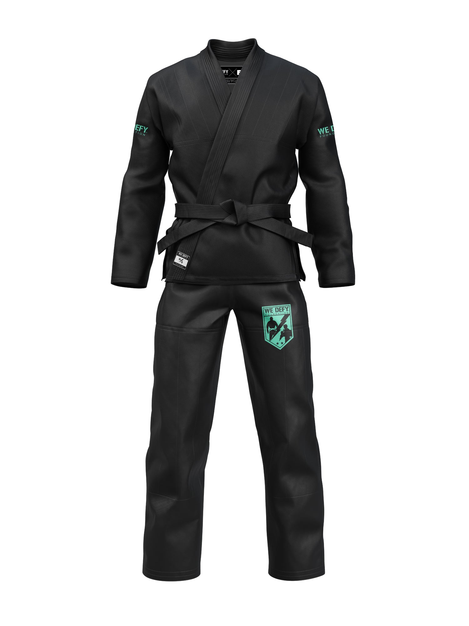 The We Defy Comp Standard BJJ Gi Black features a black belt and green We Defy logos on the left sleeve and pant leg, shown against a plain white background.