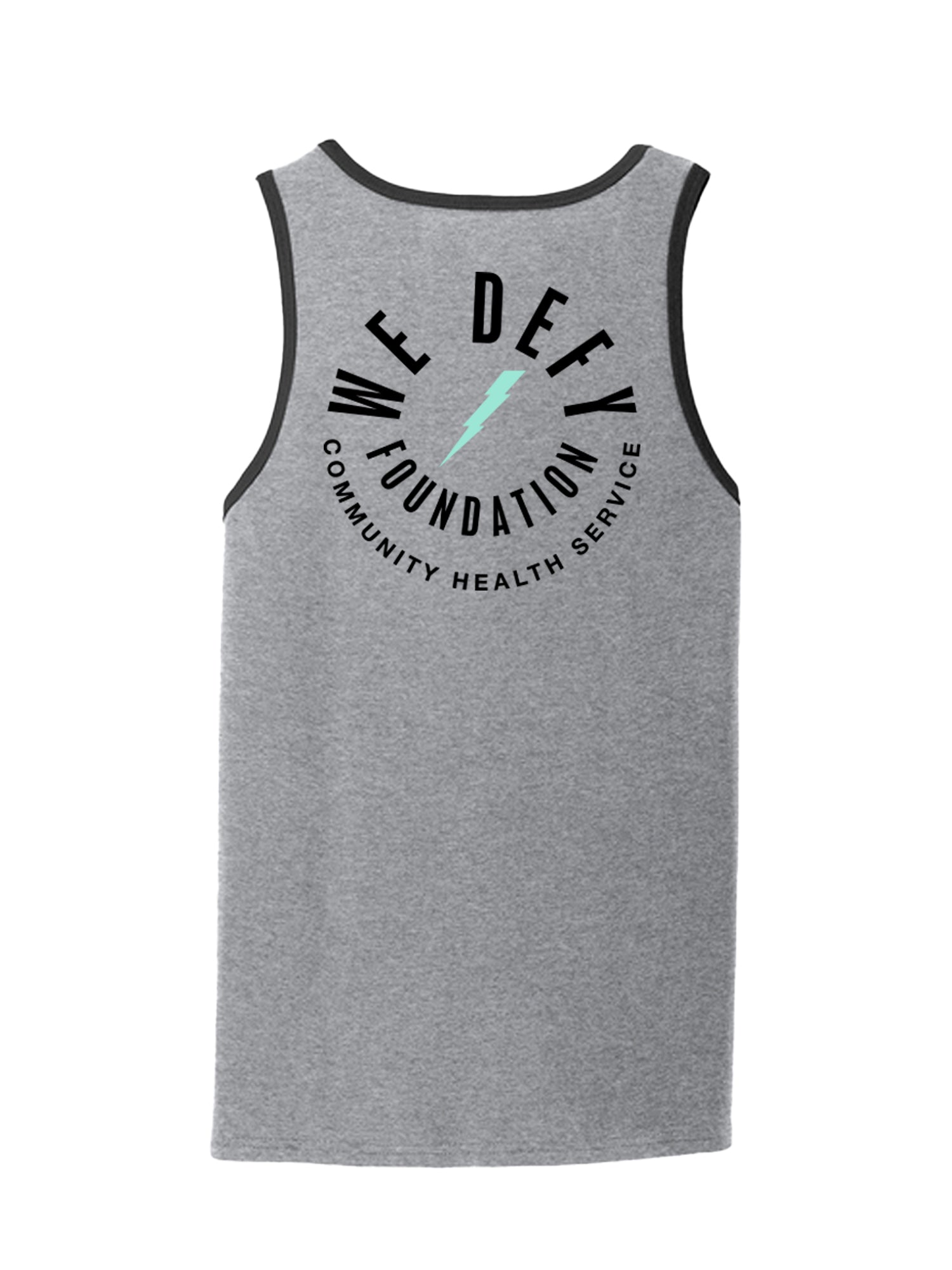 The We Defy Lightning Bolt Tank Top Gray/Black is sleeveless with black trim. "WE DEFY FOUNDATION COMMUNITY HEALTH SERVICE" curves around a turquoise lightning bolt on the back.