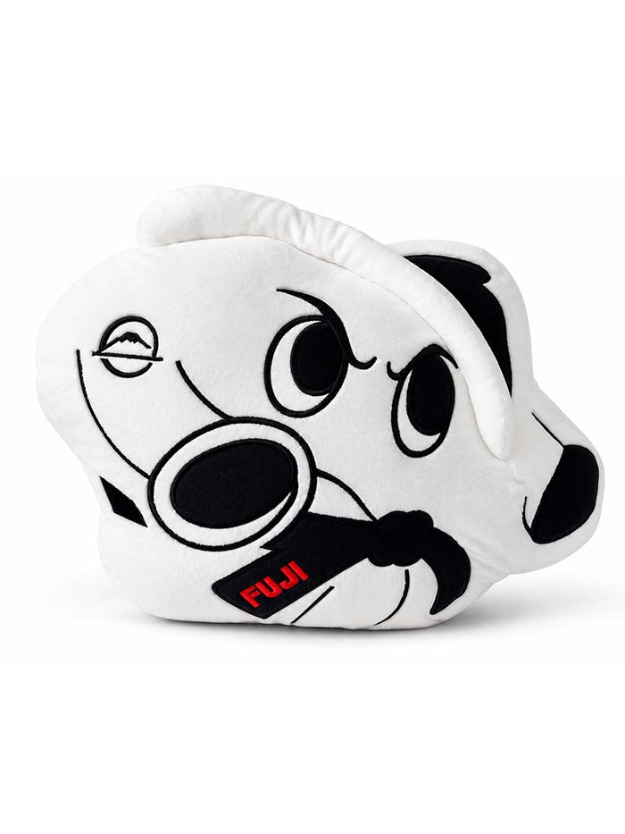 Pochi Piro Pillow White, an irregularly shaped plush featuring a cartoon character wearing a black neck scarf decorated with a mountain icon and the word FUJI.