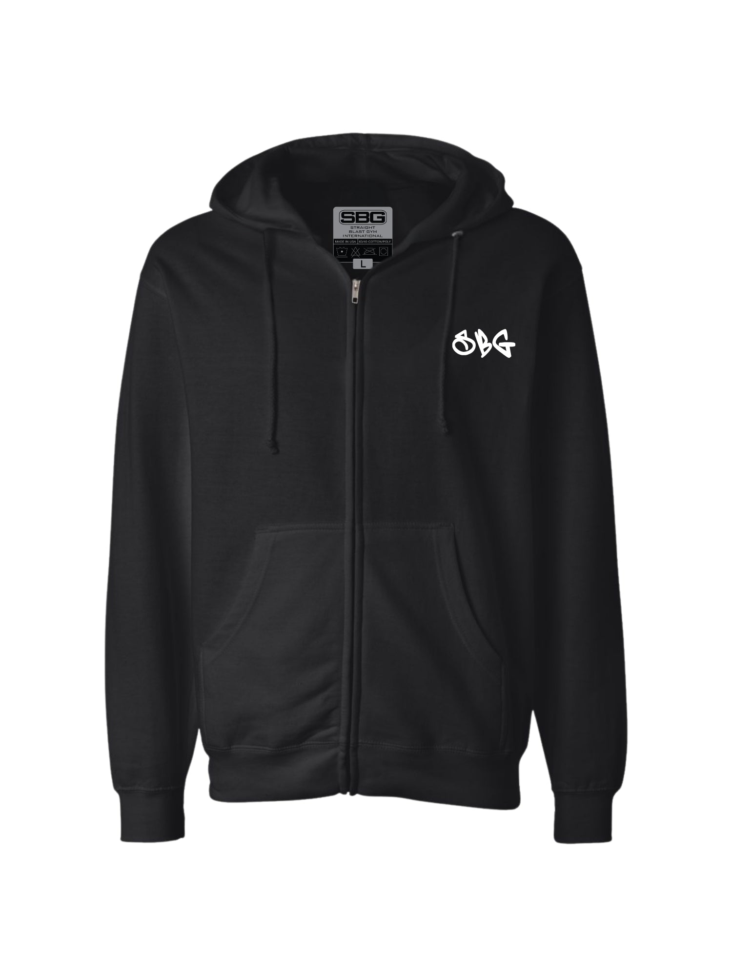 The SBG Junkyard Gorilla Zip Up Sweatshirt Hoodie Black features a zip-up front, front pockets, dual drawstrings, and a white SBG logo on the left chest, with SBG branding also on the inner collar label.
