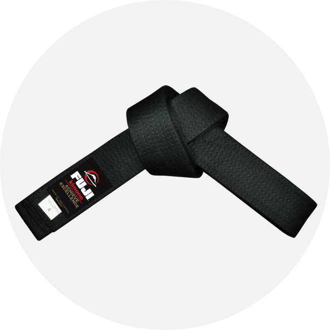 A black martial arts belt tied in a knot, featuring a Fuji logo and a small white label with the number 4 on one end, displayed on a light gray circular background.