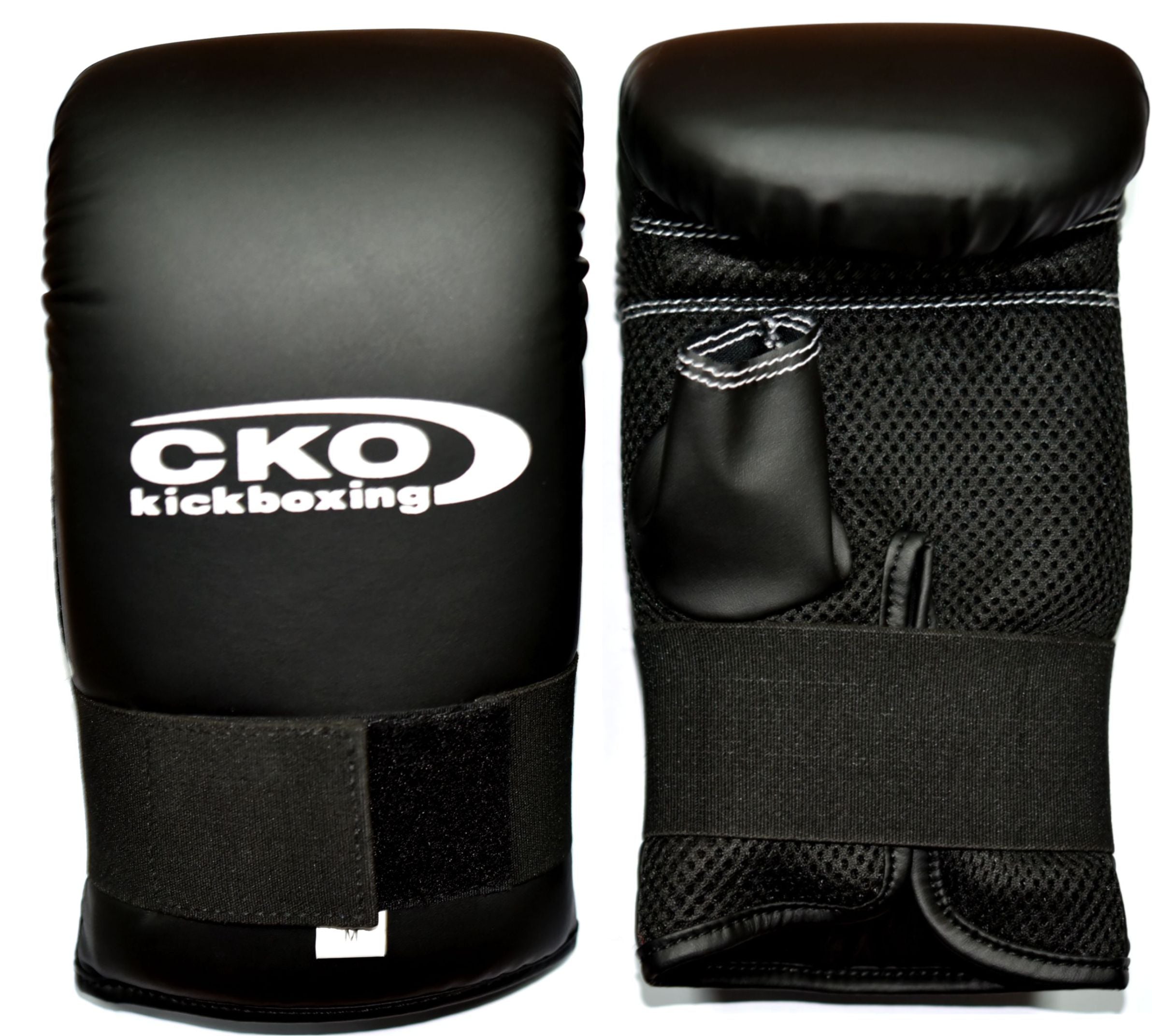 Two black CKO Starter Gloves are shown: one displays the logo and closed top, while the other reveals the palm side with mesh fabric, finger slots, and a Velcro wrist strap.