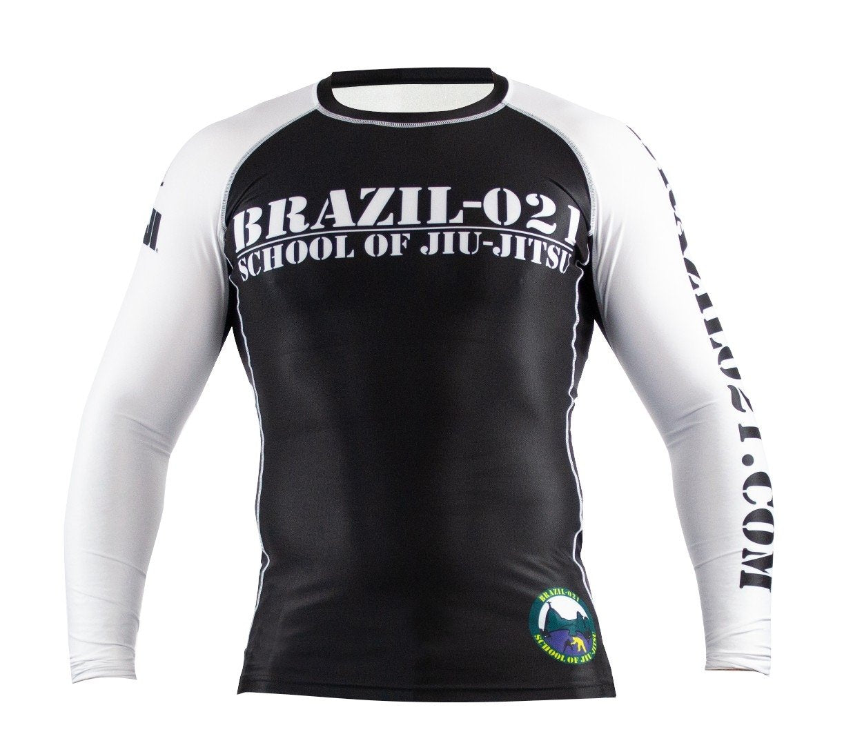 The BRAZIL 021 Ranked Rashguard is a long-sleeve black and white rash guard featuring "BRAZIL-021 SCHOOL OF JIU-JITSU" across the chest and a circular mountain-and-sun logo on the lower left side.