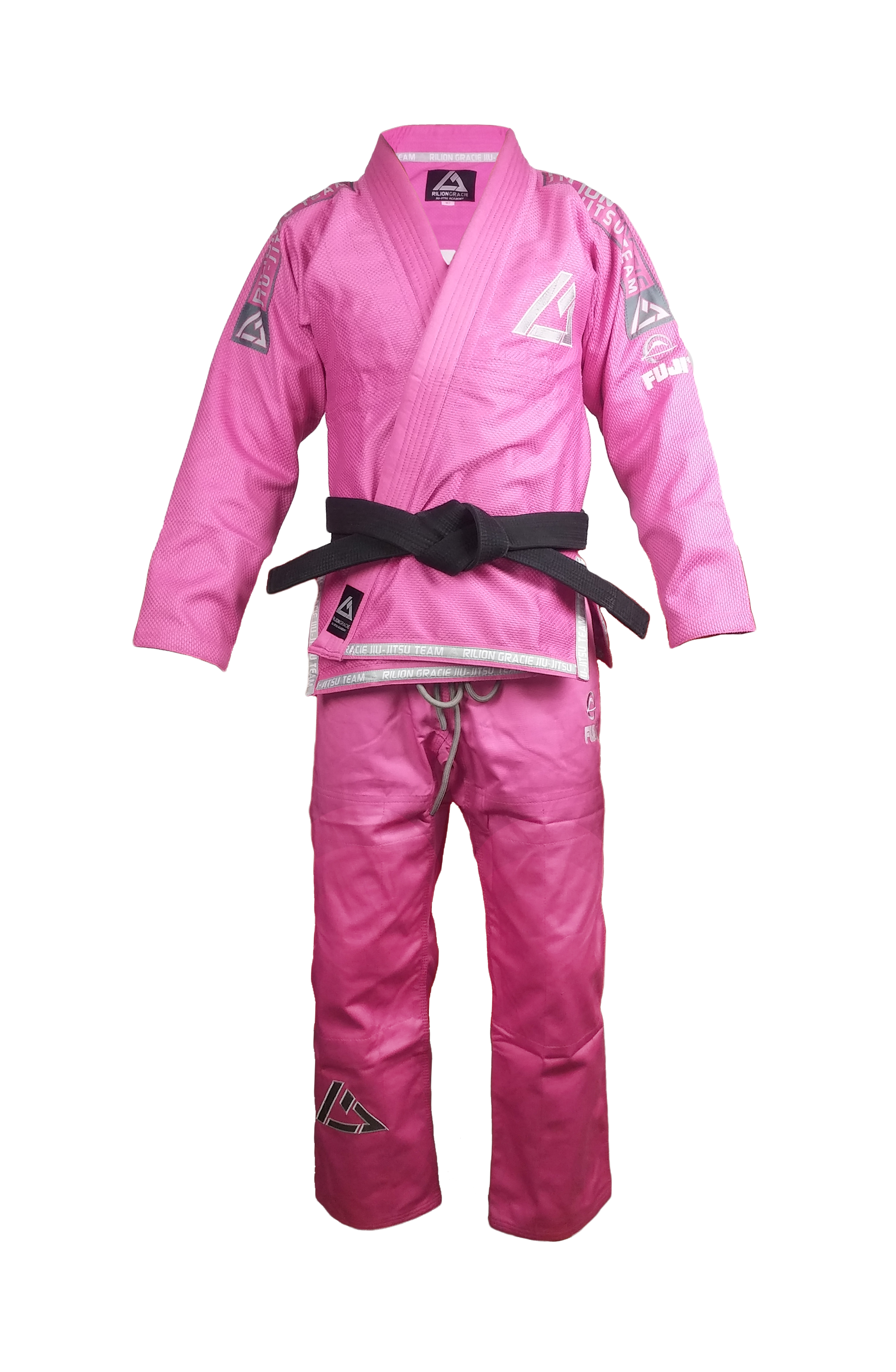 The Rilion Gracie Kids Team Gi Pink is shown upright with a black belt, featuring patches and logos on the jacket and pants, set against a plain white background.