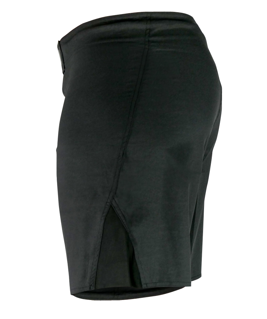 Baseline Fight Shorts displayed from a rear side angle, made with smooth fabric, side seam, and a small hem slit for mobility. Set against a plain white background.