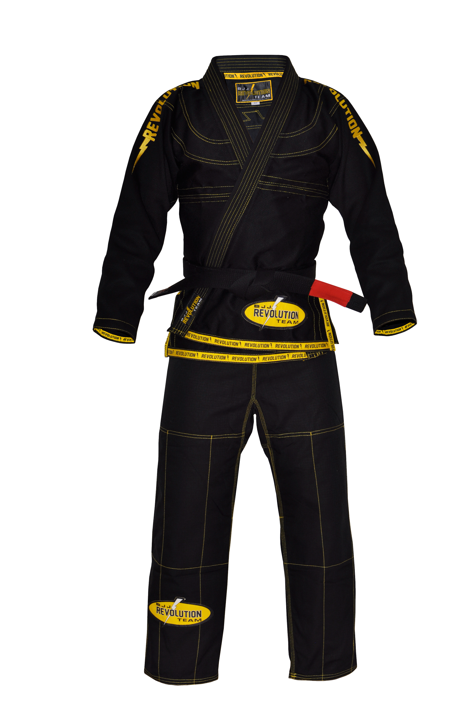 The BJJ Revolution Gi, shown on a white background, is black with yellow stitching and yellow Revolution branding. It comes with a jacket, pants, and a black belt featuring a red bar.