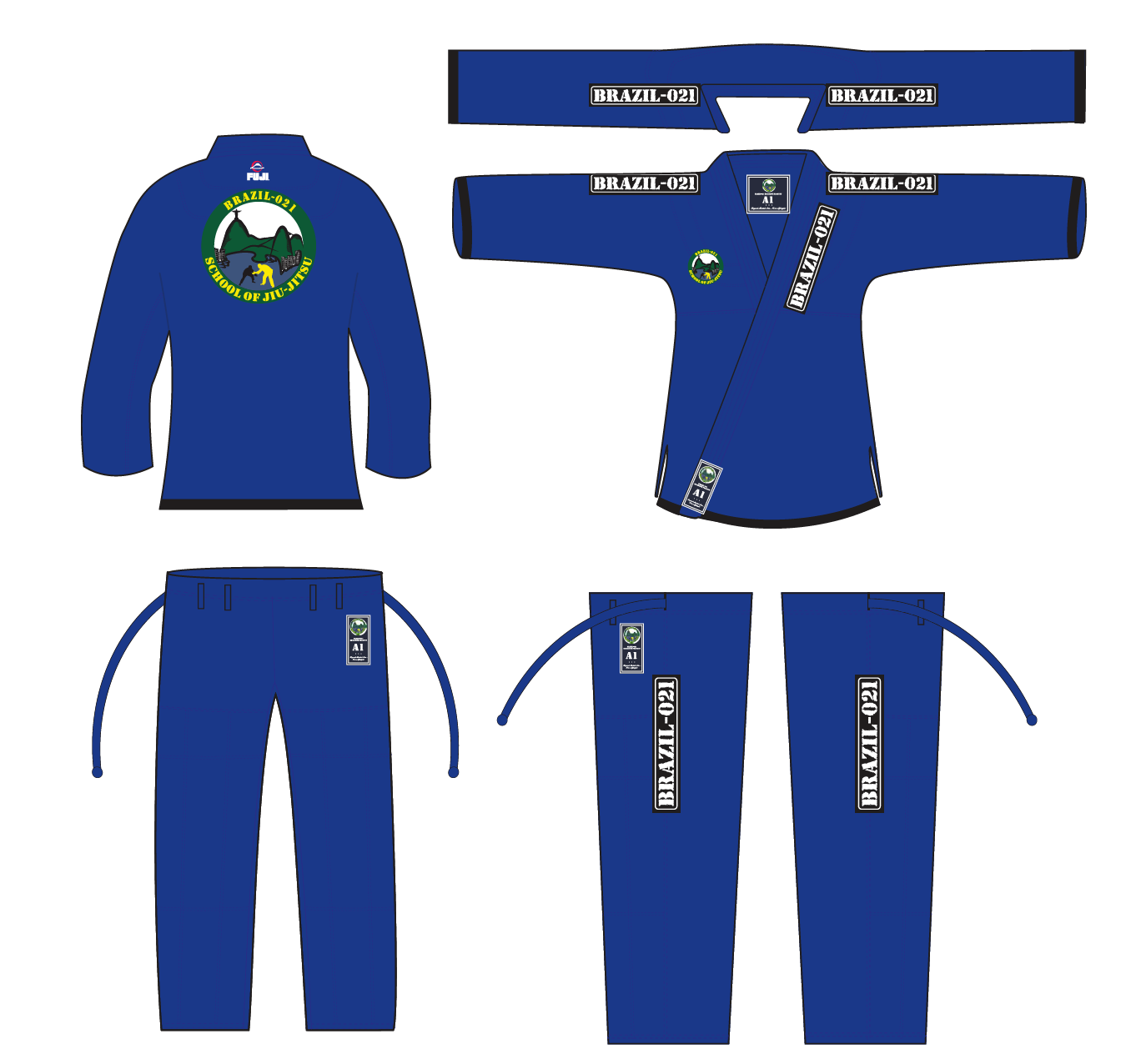 The BRAZIL 021 Adult BJJ Gi is a blue Brazilian Jiu-Jitsu uniform with patches labeled BRAZIL-021 and a back logo showing two grapplers, a green Brazil map, and the words Brazil-021 Rio de Janeiro.