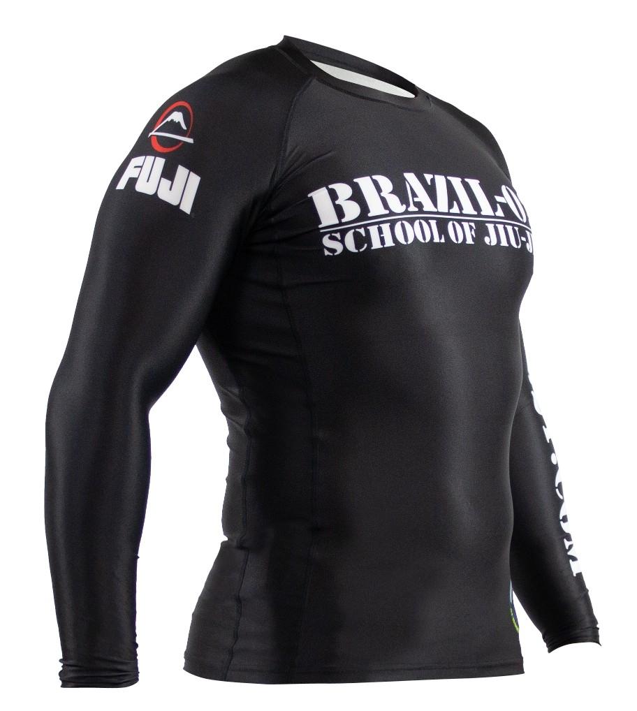 The BRAZIL 021 Ranked Rashguard is a black long-sleeve top featuring "BRAZIL SCHOOL OF JIU-JITSU" on the chest and "FUJI" on the left sleeve, shown on a mannequin torso.