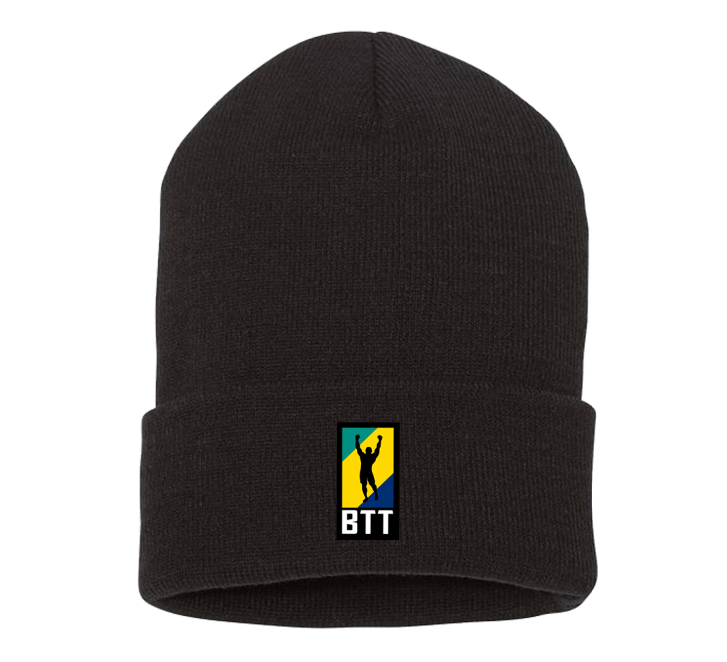The BTT Knit Beanie - Black features a folded brim and a front rectangular BTT logo with a yellow and blue background and a black silhouette of a person raising one arm.
