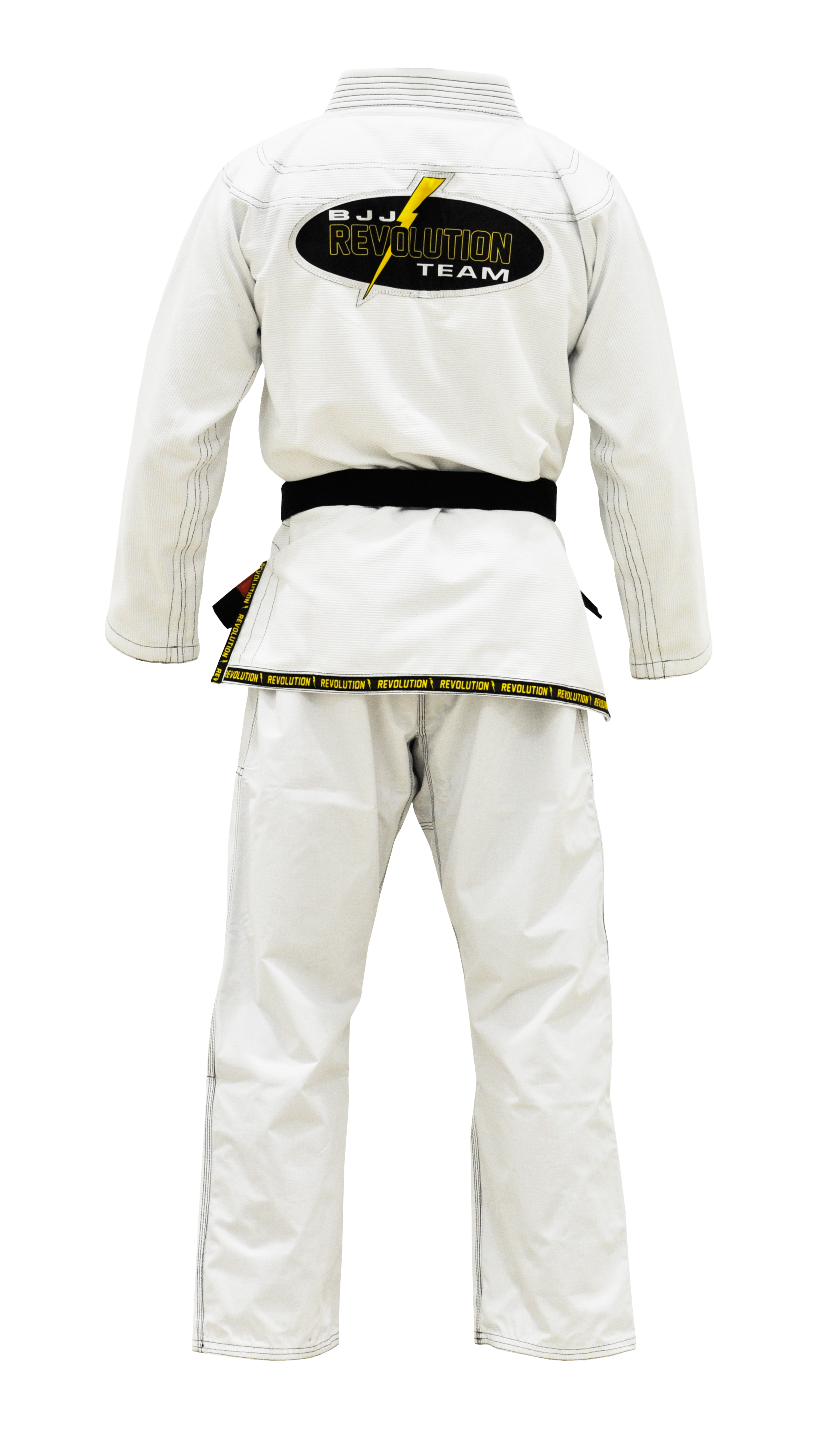The BJJ Revolution Gi, shown from the back with a black belt, features an oval patch displaying "REVOLUTION TEAM" in yellow and white text with a yellow lightning bolt across it.