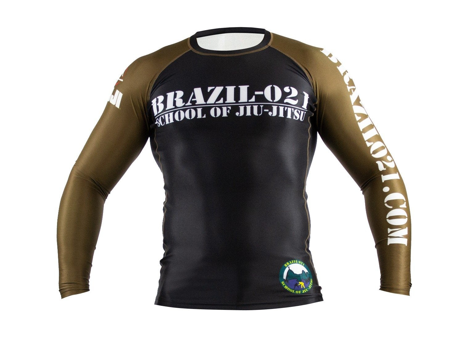 The BRAZIL 021 Ranked Rashguard is a black and olive green long-sleeve rash guard featuring "BRAZIL-021 SCHOOL OF JIU-JITSU" across the chest, "BRAZIL021.COM" on the left sleeve, and a round logo above the lower left waist.