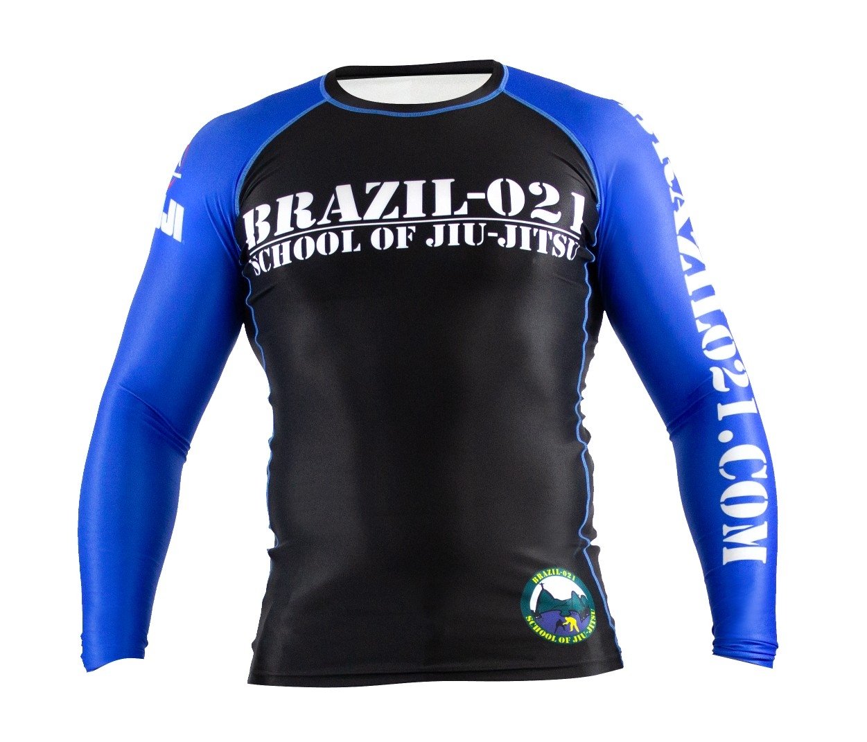 The BRAZIL 021 Ranked Rashguard is a long-sleeved black and blue rash guard with "BRAZIL-021 SCHOOL OF JIU-JITSU" on the chest, "BRAZIL021.COM" on the right sleeve, and a small globe logo near the left waist.