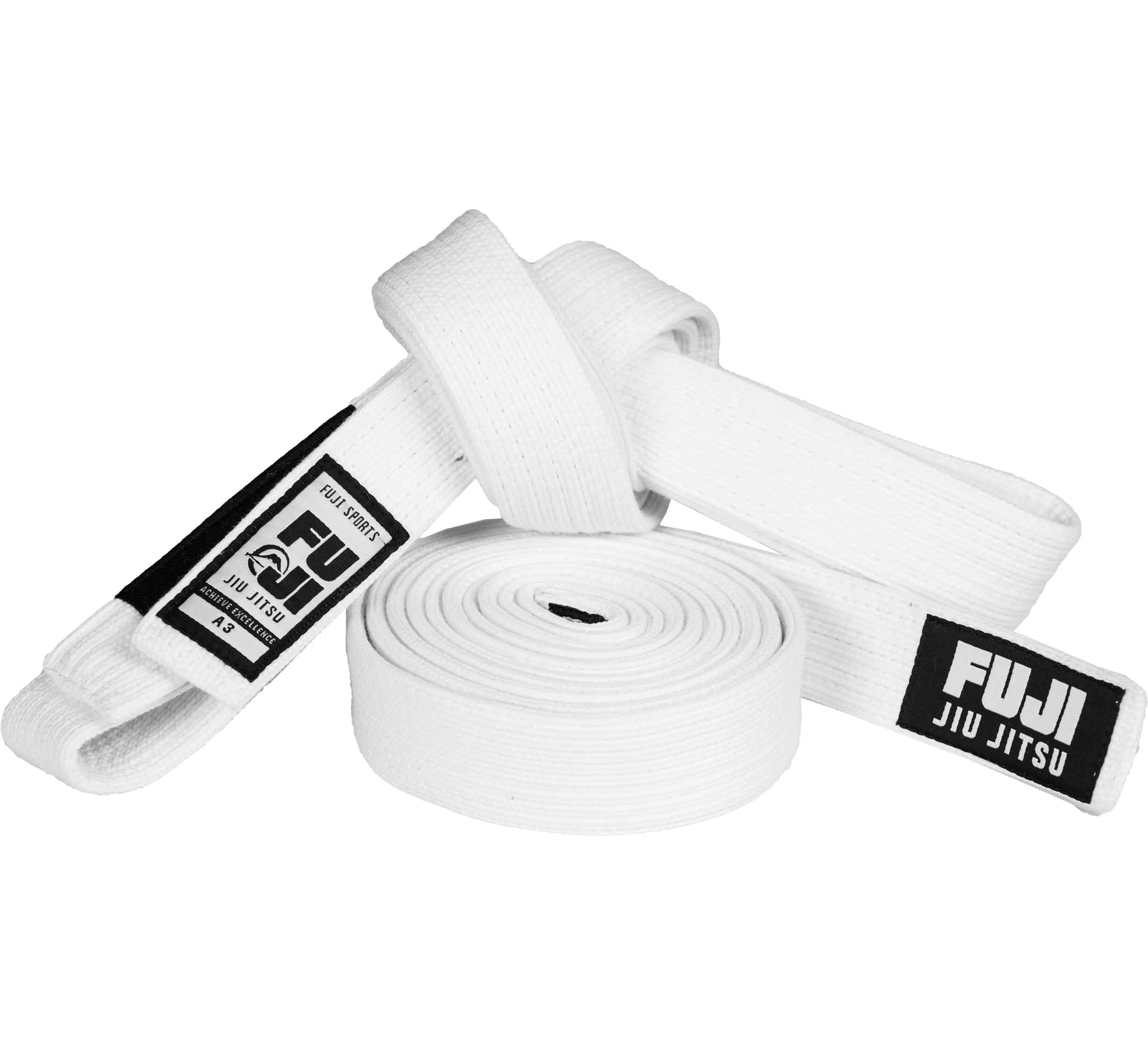The Premium Pearl Weave BJJ Belt is a coiled white martial arts belt with two black patches labeled FUJI JIU JITSU, displayed on a plain white background.