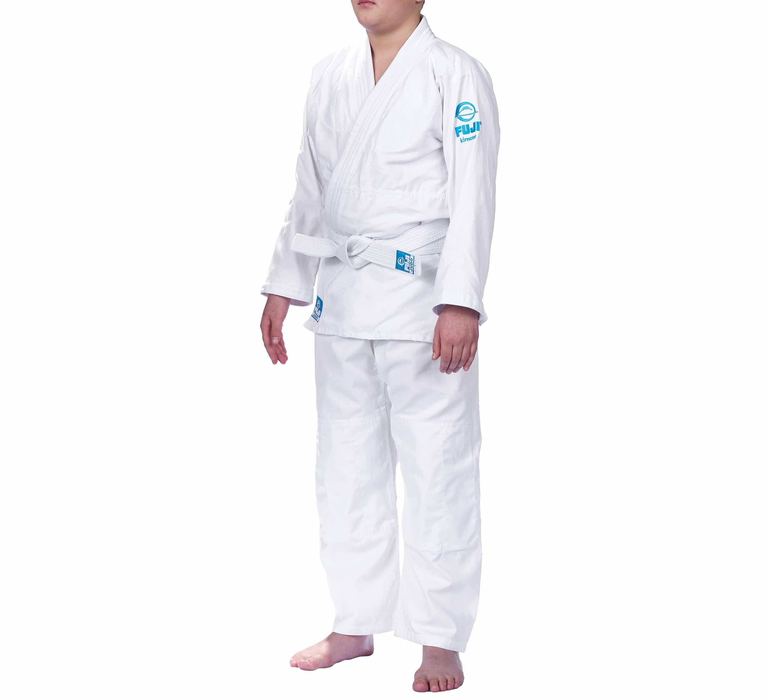 A child wearing the Starter Kids Judo Gi with a white belt stands barefoot against a plain white background.