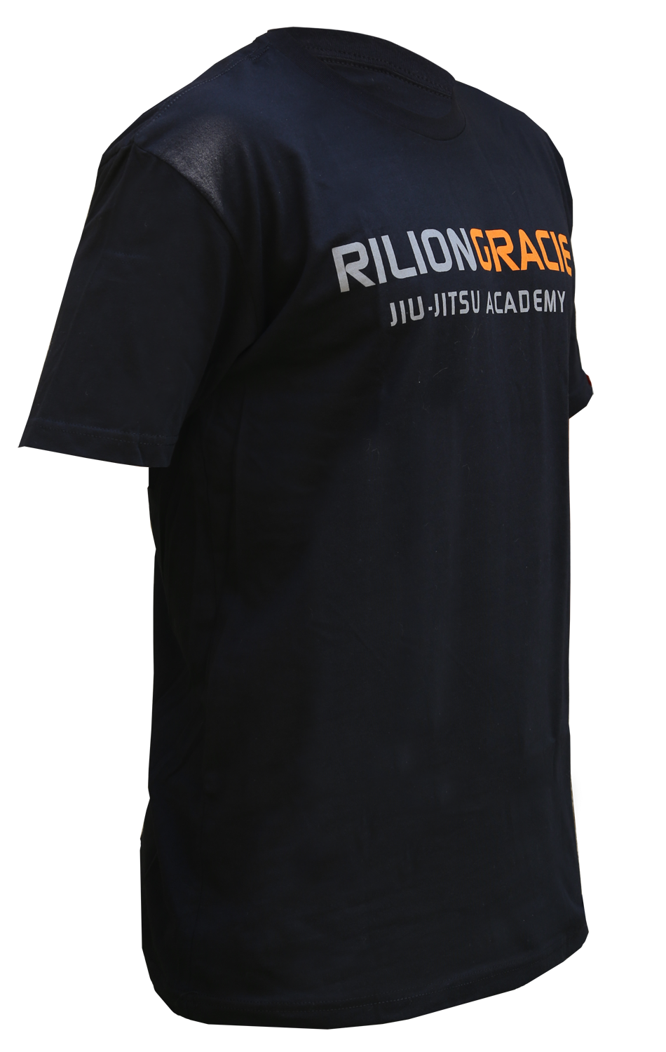 The Rilion Gracie Classic Kids T-Shirt is black with "RILION GRACIE JIU-JITSU ACADEMY" printed in white and orange on the chest, shown against a plain white background.