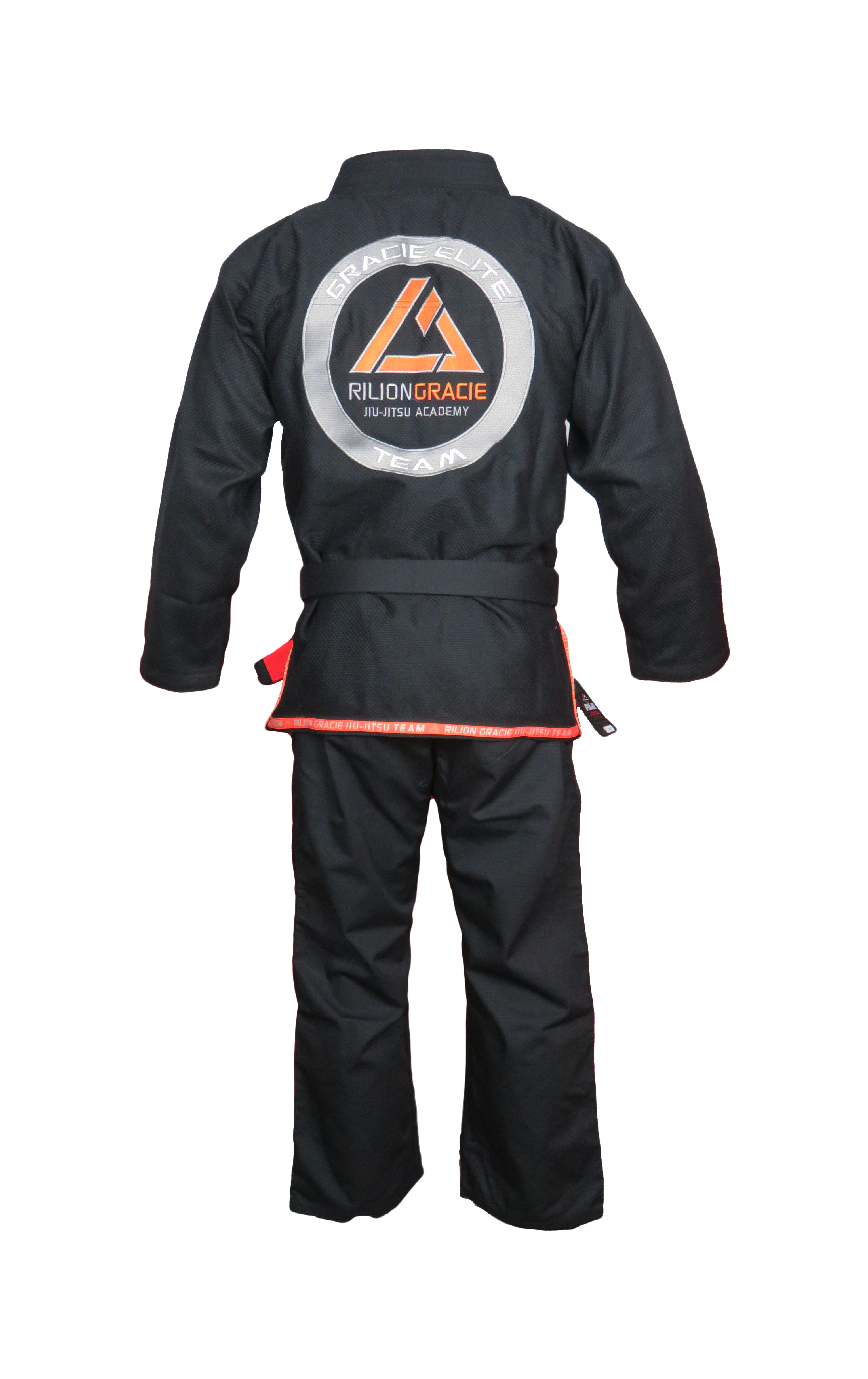 The Rilion Gracie Kids Team Gi Black is shown on a mannequin facing away, featuring a large circular Rilion Gracie Jiu-Jitsu Academy patch on the back.