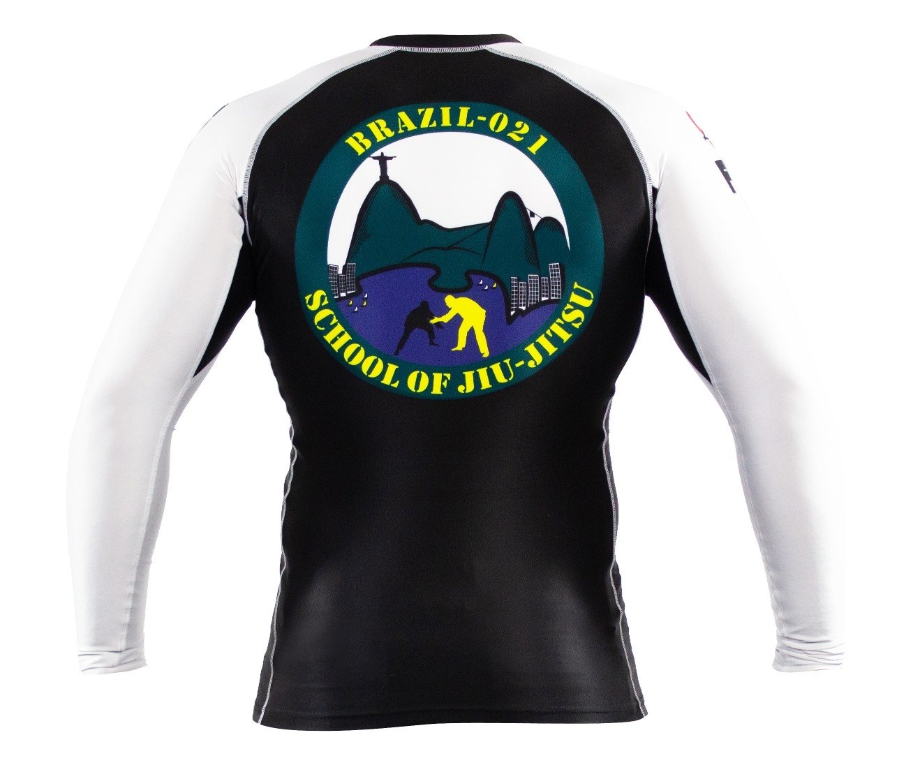 Someone wearing the BRAZIL 021 Ranked Rashguard, a black and white long-sleeve featuring the Brazil-021 School of Jiu-Jitsu logo with mountains, cityscape, and two grappling figures before Christ the Redeemer.