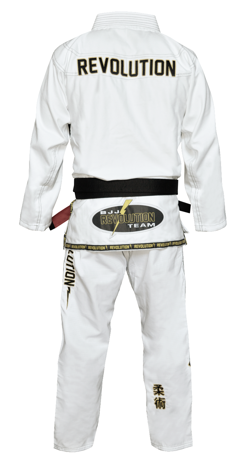 The BJJ Revolution Super Lite Kids Gi is a white Brazilian jiu-jitsu uniform shown from the back, with "REVOLUTION" in large letters on the jacket and belt, plus logos and text on the pants and belt.