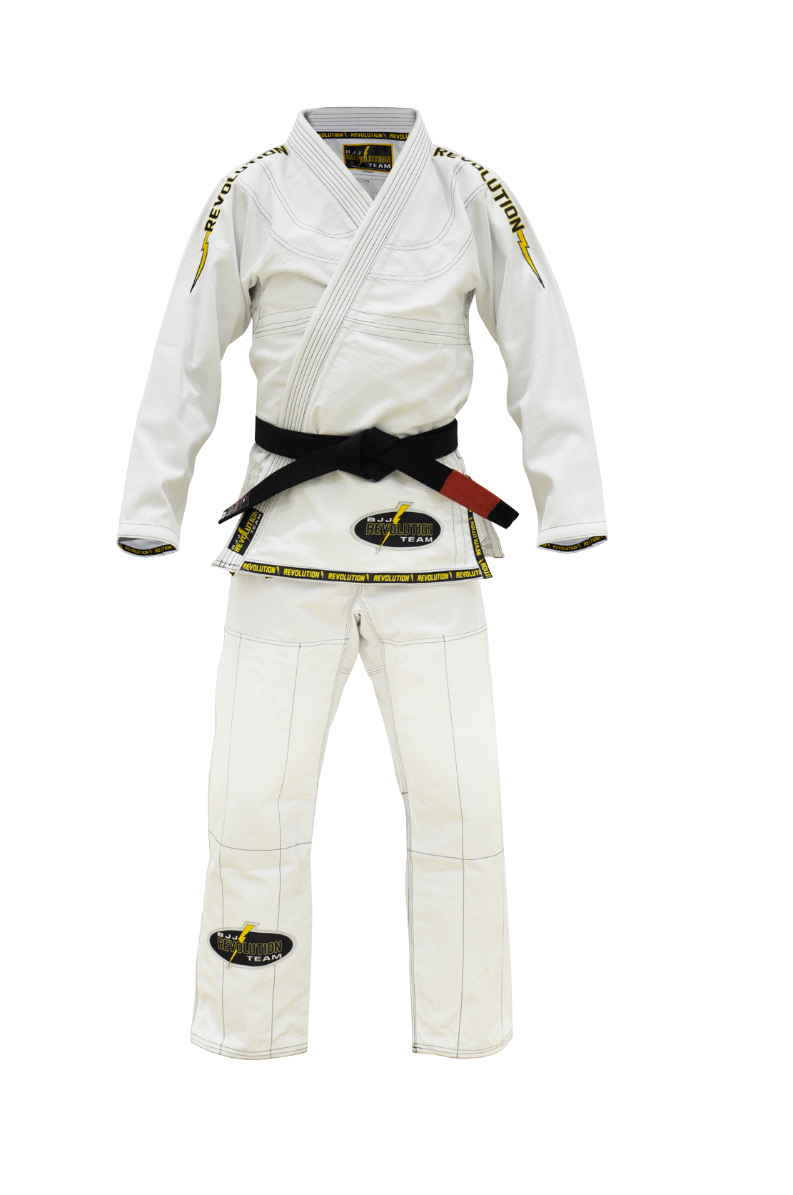 The BJJ Revolution Gi is a white Brazilian Jiu-Jitsu gi with black and yellow patches, paired with a black belt featuring a red bar, shown against a plain white background.