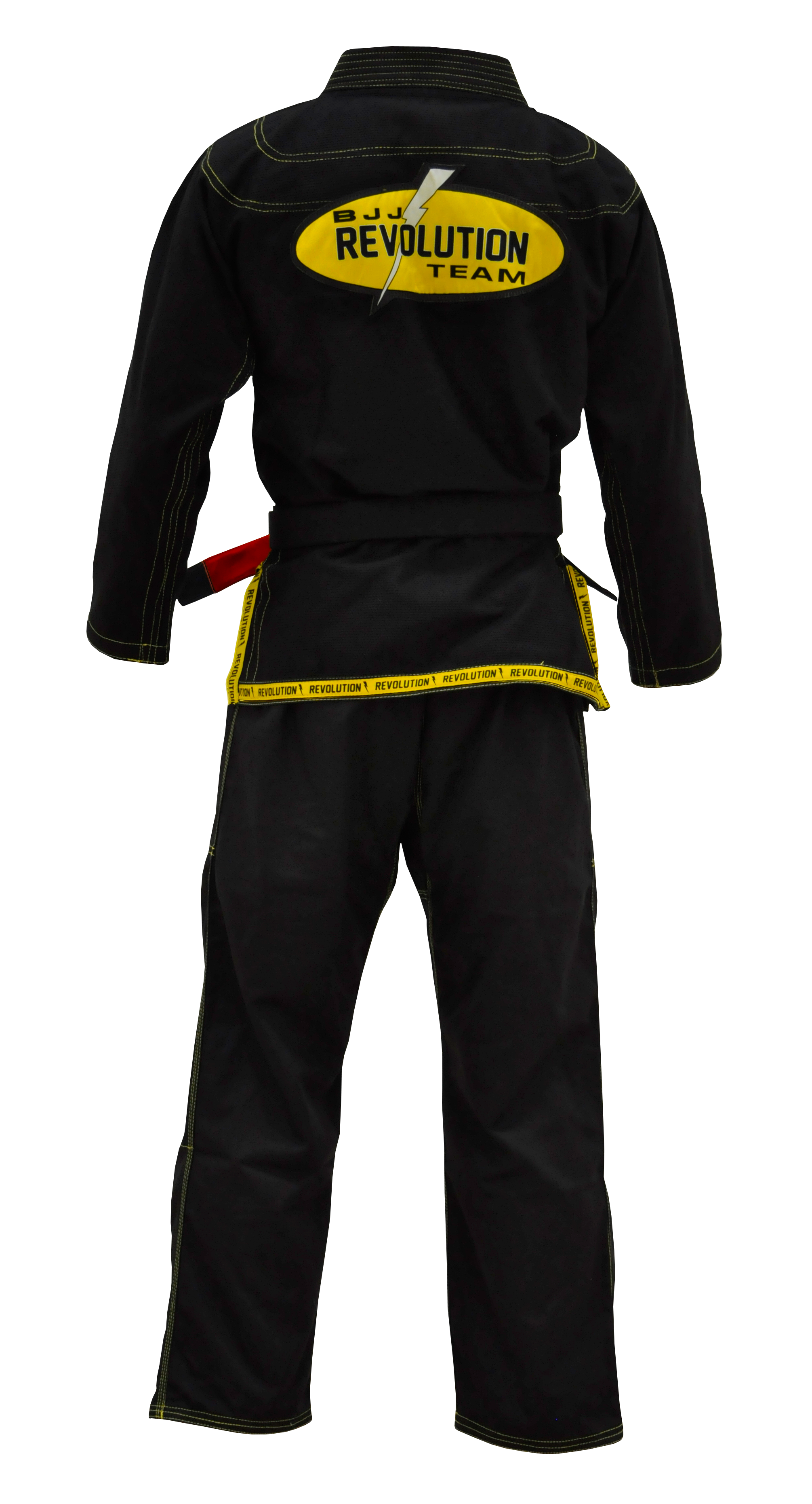 The BJJ Revolution Gi is a black martial arts uniform with yellow stitching, a large yellow "REVOLUTION TEAM" oval on the upper back, and a black belt featuring a red tag tied at the waist.