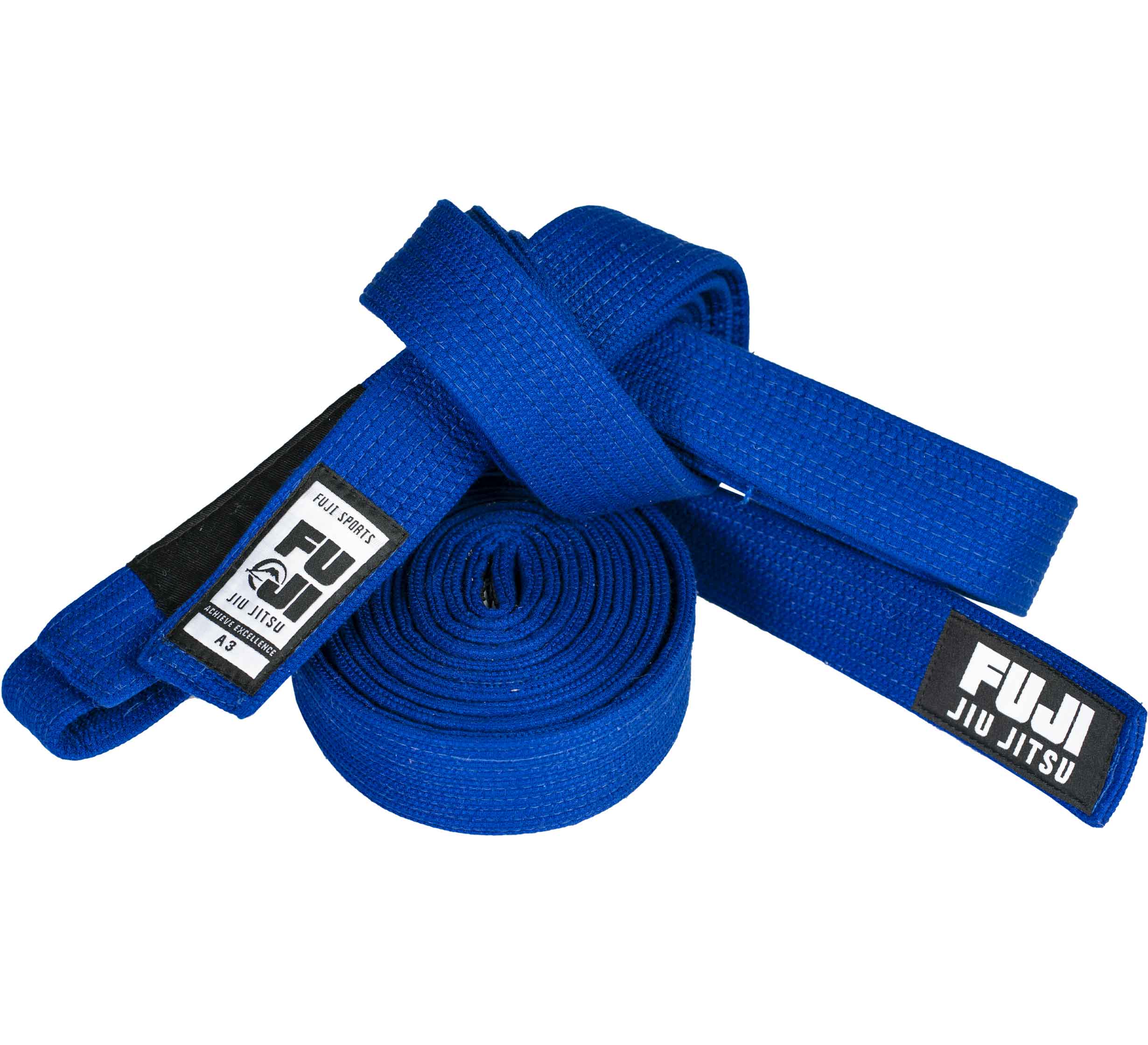 Two blue Premium Pearl Weave BJJ Belts with FUJI Jiu Jitsu labels are shown—one rolled up, the other loosely folded—both made from textured fabric.
