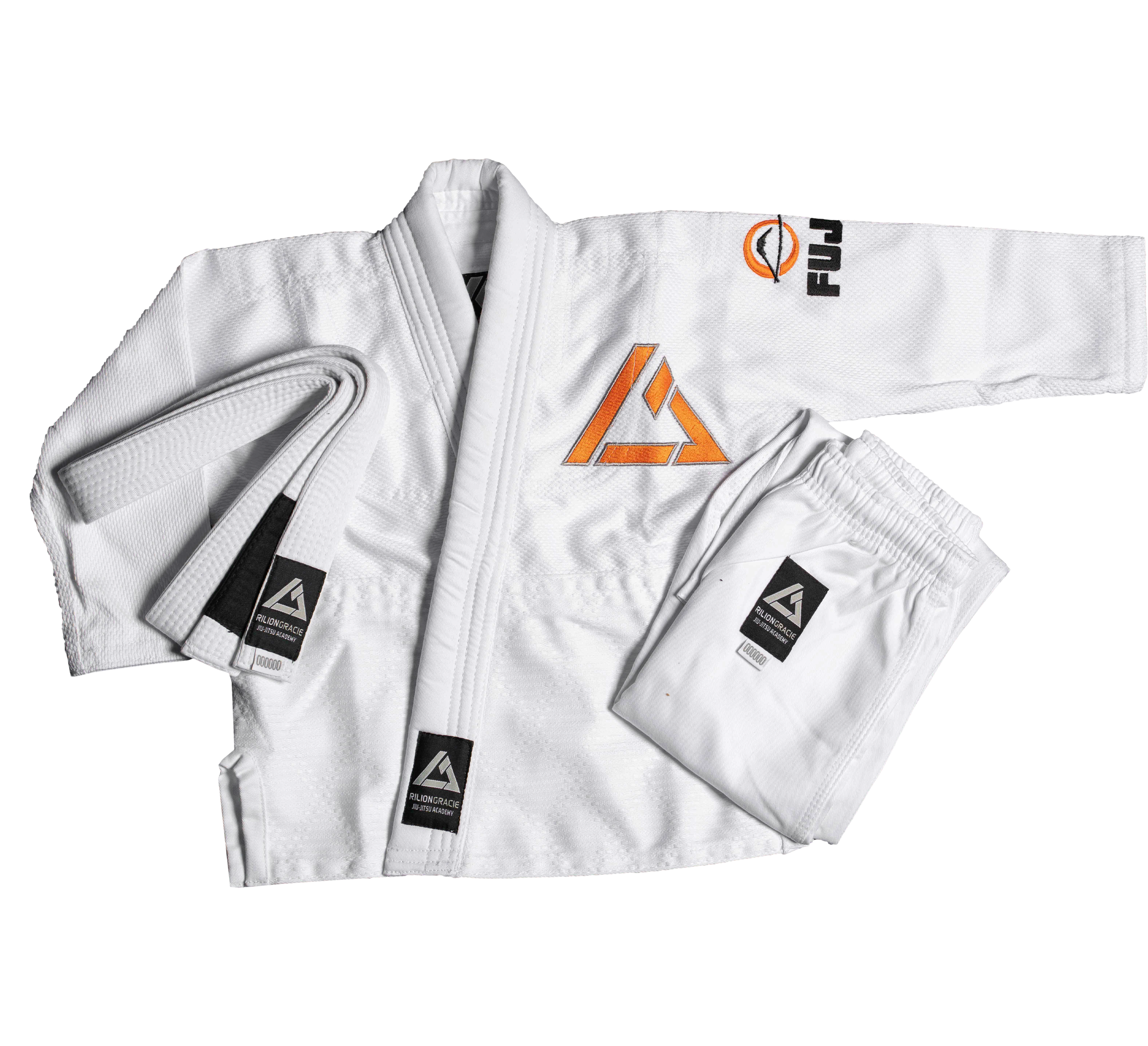 The Rilion Gracie Baby Gi set, laid out on a white background, includes a jacket, pants, and belt with black and orange logo patches and text.