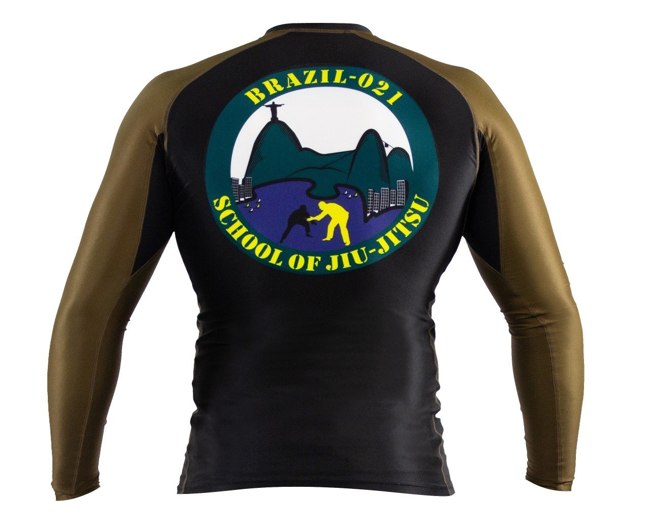 Someone is wearing the BRAZIL 021 Ranked Rashguard, a black and olive green long-sleeve featuring a large circular “Brazil-021 School of Jiu-Jitsu” logo on the back with silhouettes, cityscape, and mountains.