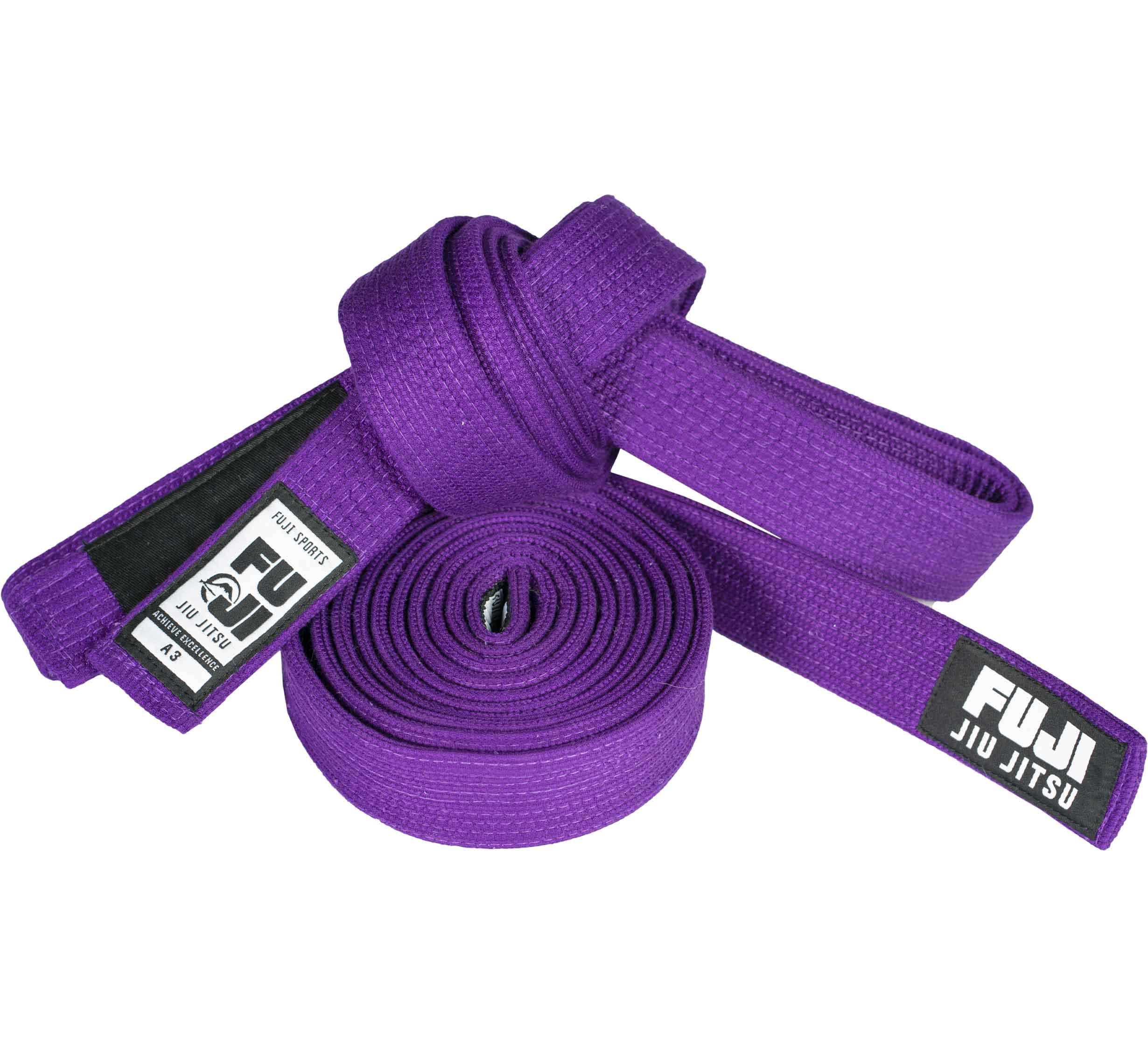 A coiled and folded purple Premium Pearl Weave BJJ Belt with white and black labels is displayed on a white background.