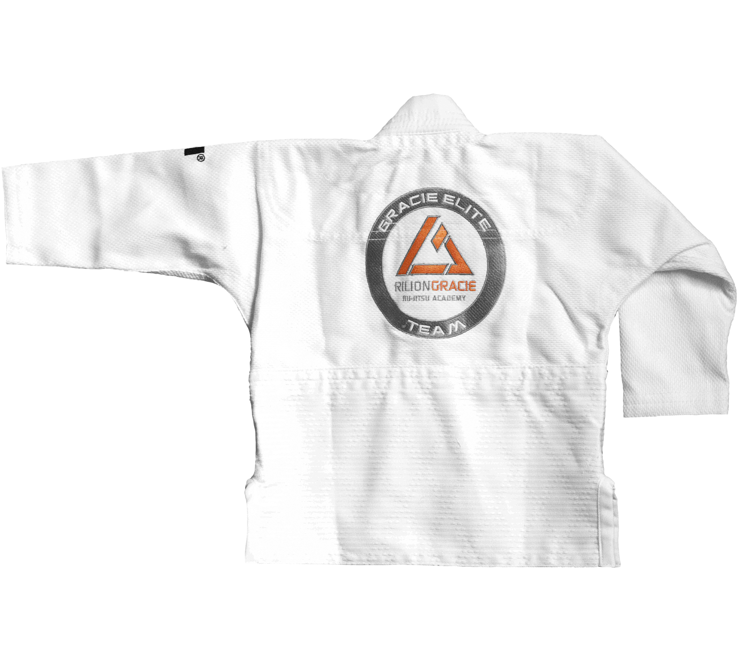 The Rilion Gracie Baby Gi is a white martial arts jacket featuring a large circular Gracie Elite Team Rilion Gracie logo on the back, shown laid flat to display the back and sleeves.