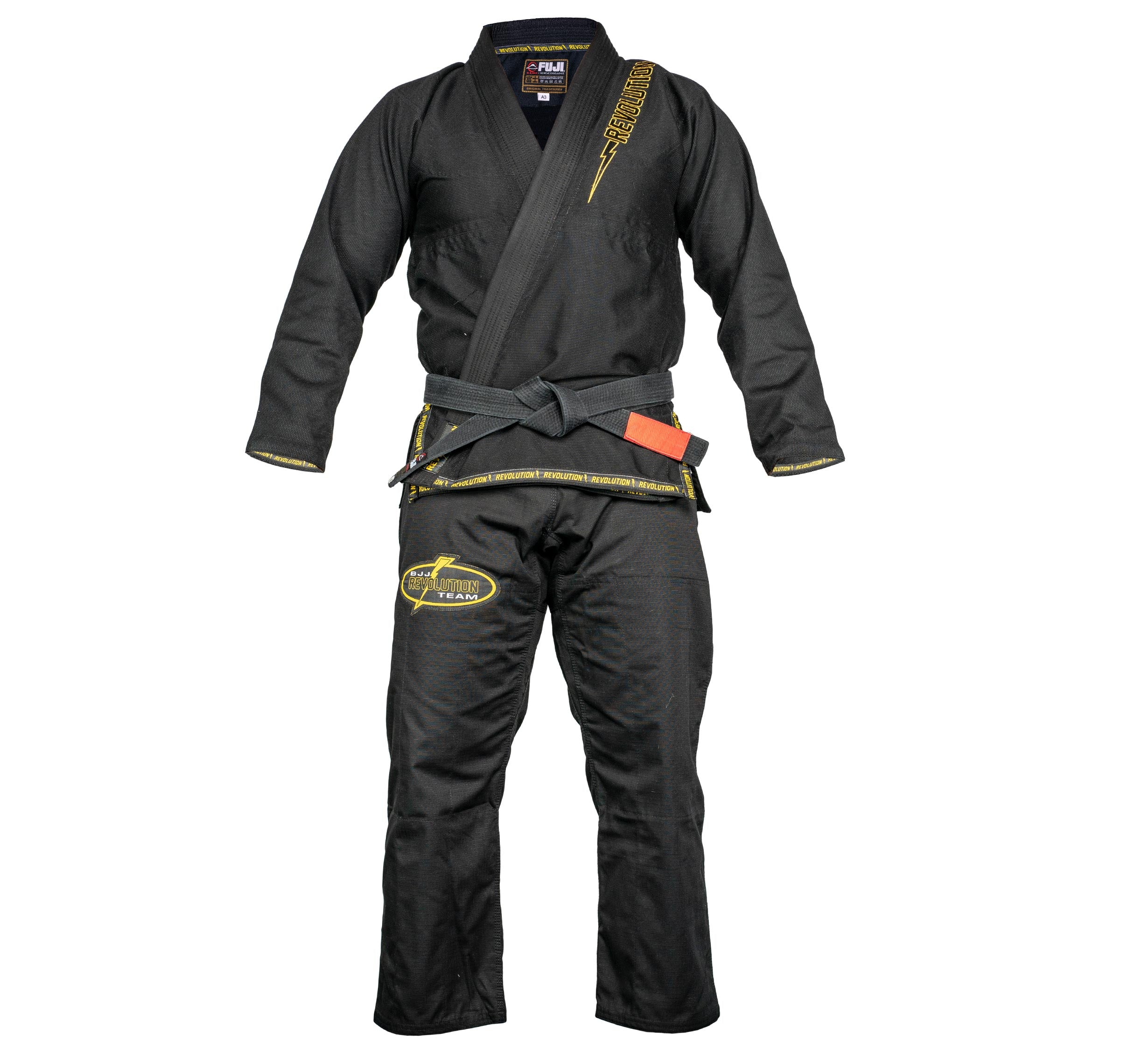 The BJJ Revolution Super Lite Kids Gi in black features yellow stitching, a waist belt, and patches on the jacket and pants, displayed on an invisible mannequin against a white background.