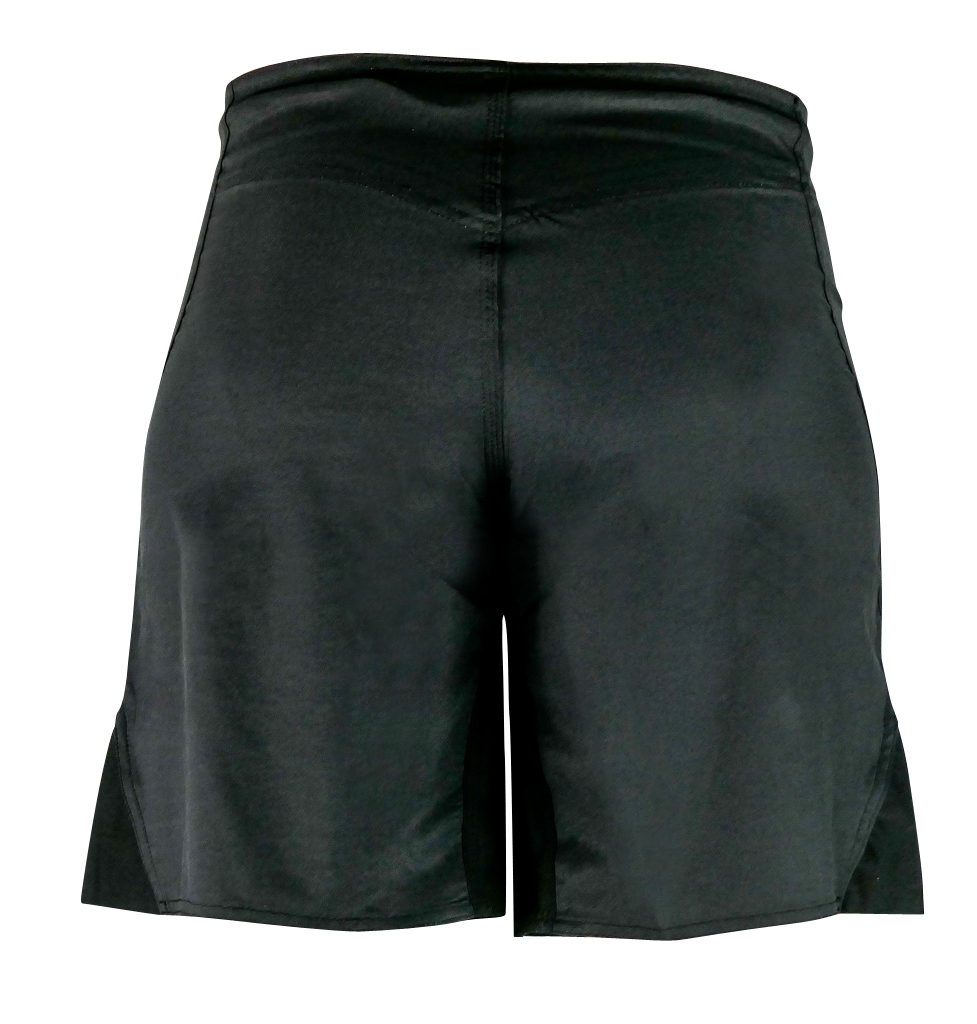 The Baseline Grappling Kids Shorts are black athletic shorts shown from the back against a plain white background, featuring minimal detailing and a smooth, fitted design.