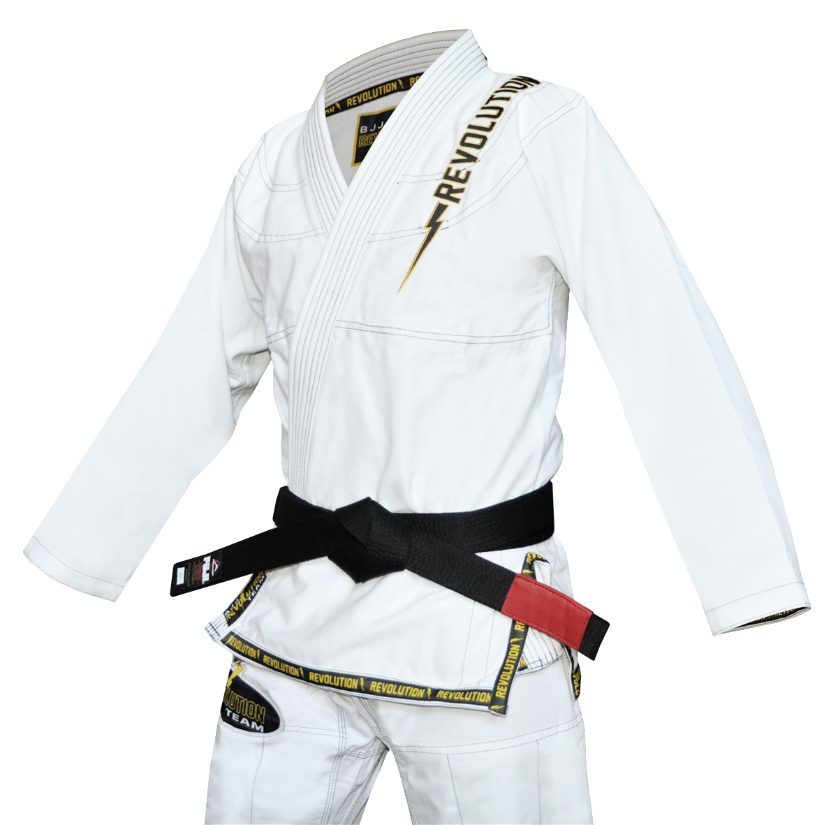 The BJJ Revolution Super Lite Kids Gi is a white Brazilian Jiu-Jitsu uniform with black Revolution branding, yellow accent details, and comes with a jacket and pants, displayed here with a black belt.
