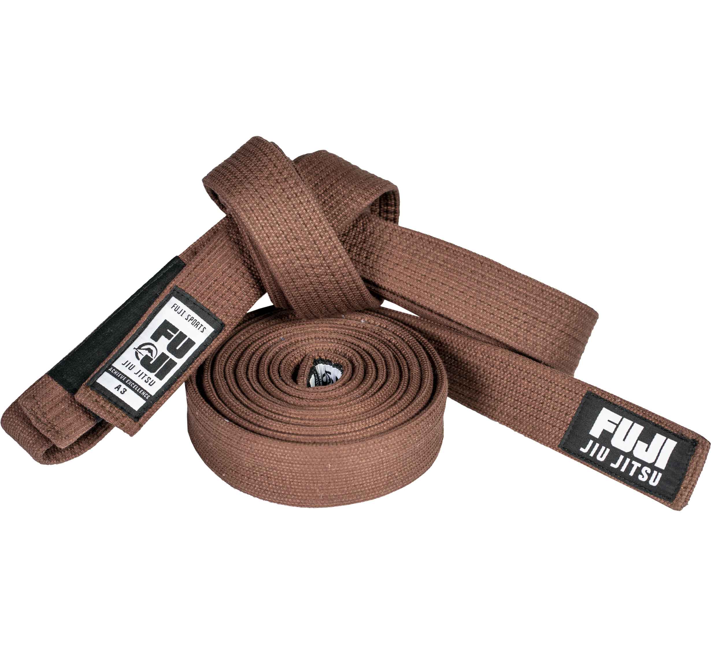 A coiled brown Premium Pearl Weave BJJ Belt with two visible FUJI Jiu Jitsu labels, displayed on a white background.