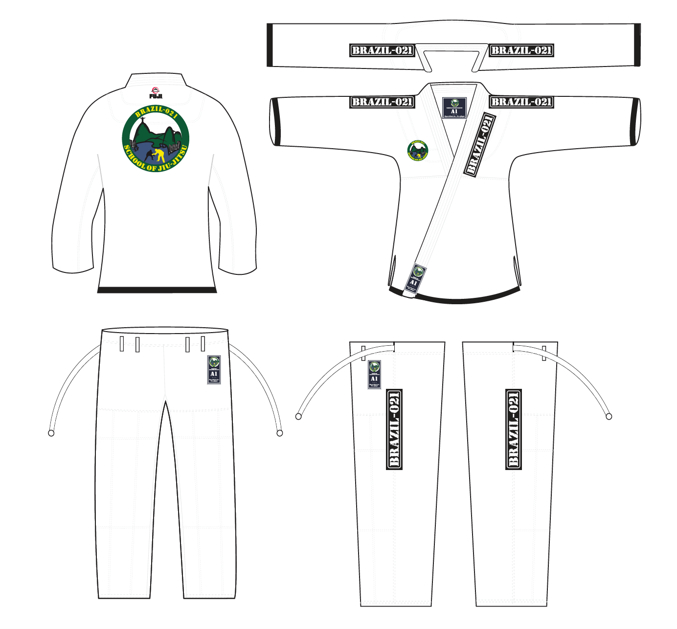 The BRAZIL 021 Official BJJ Kids Gi in white is shown from front, back, and side views, featuring patches with "BRAZIL-021" text and a gorilla logo in Brazilian flag colors on the jacket’s front and back.