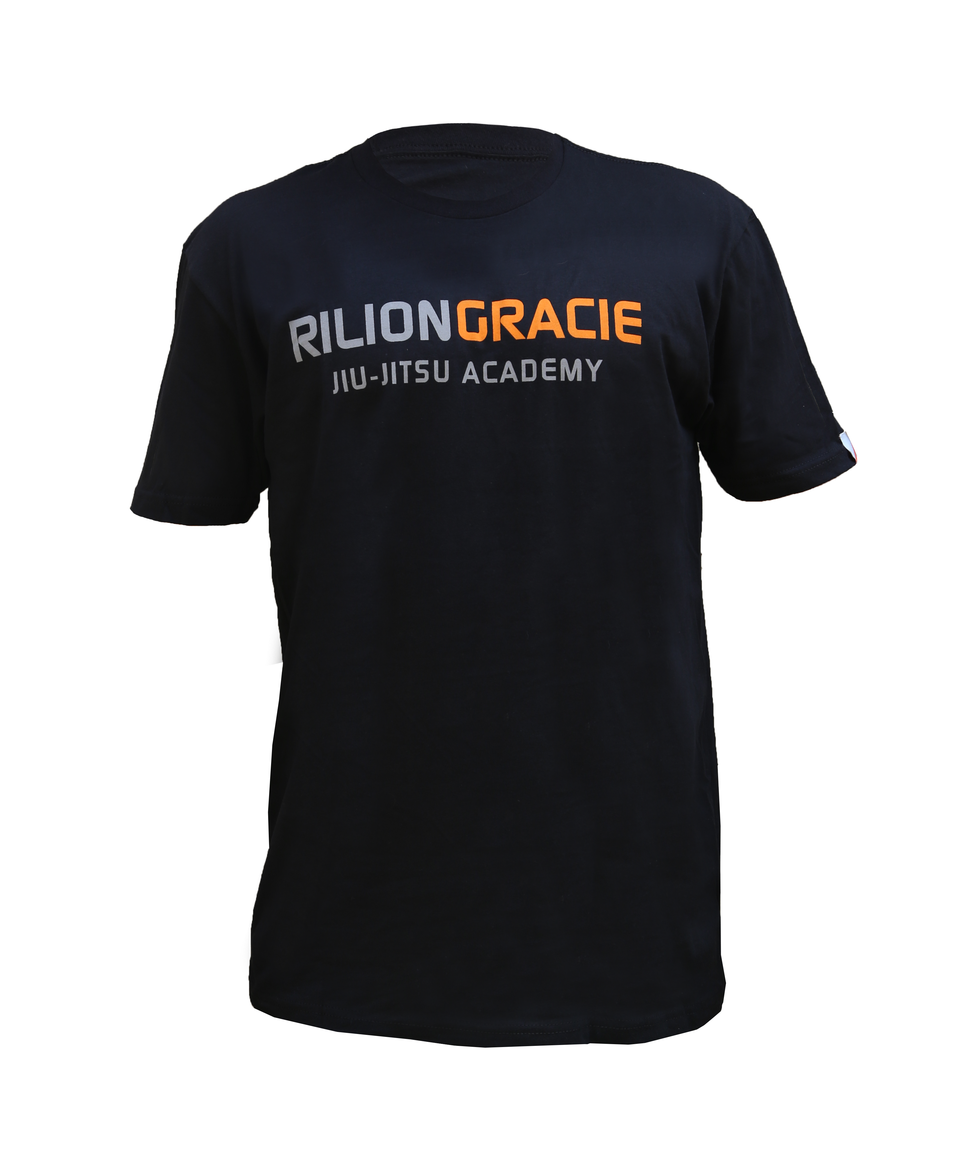 The Rilion Gracie Classic Kids T-Shirt in black features “RILION GRACIE JIU-JITSU ACADEMY” printed on the front in white, gray, and orange letters, shown against a plain white background.
