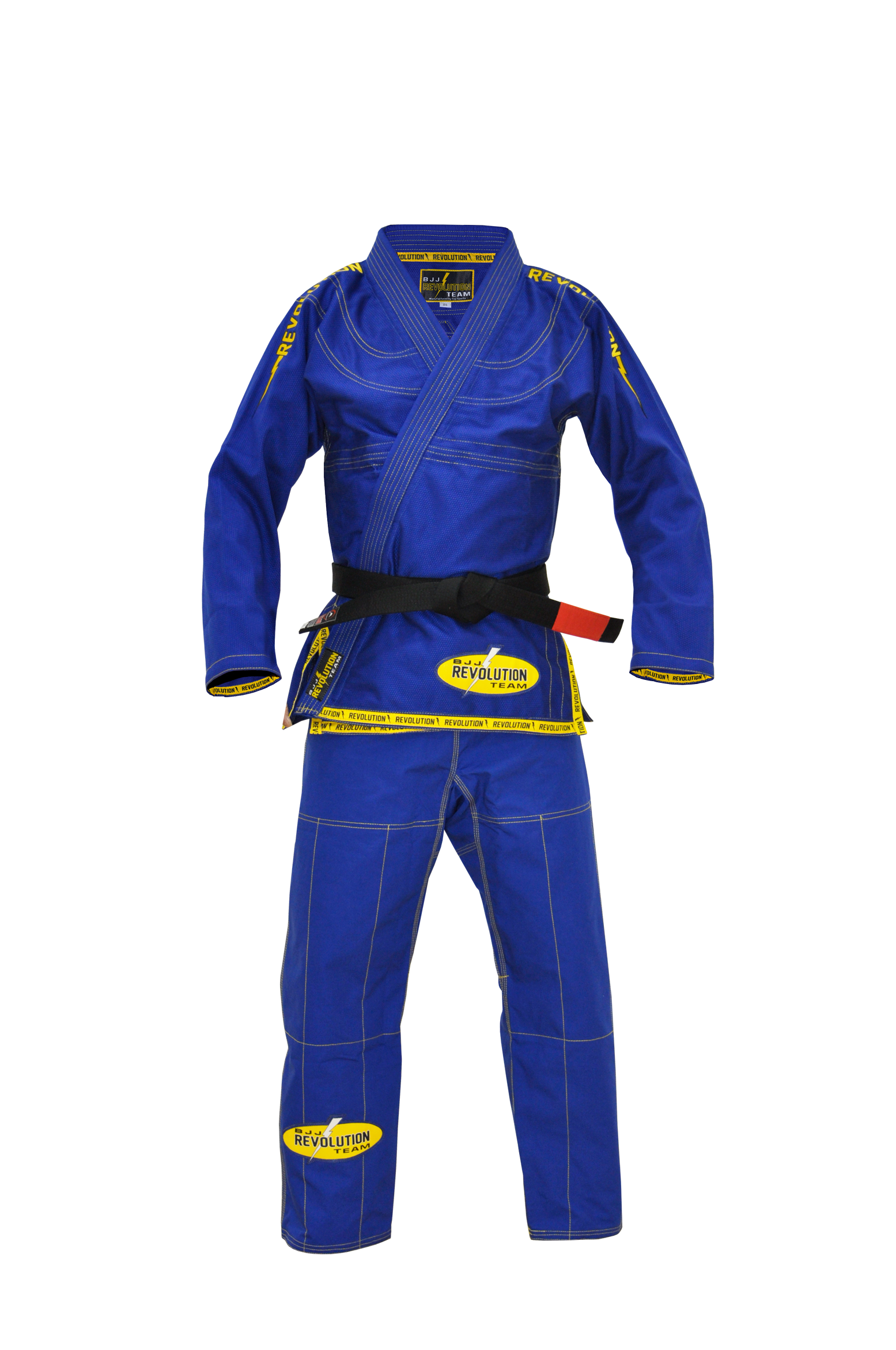 The BJJ Revolution Gi is a blue Brazilian Jiu-Jitsu uniform with yellow stitching and patches, shown on a mannequin with a black belt. Both the jacket and pants feature the Revolution branding.