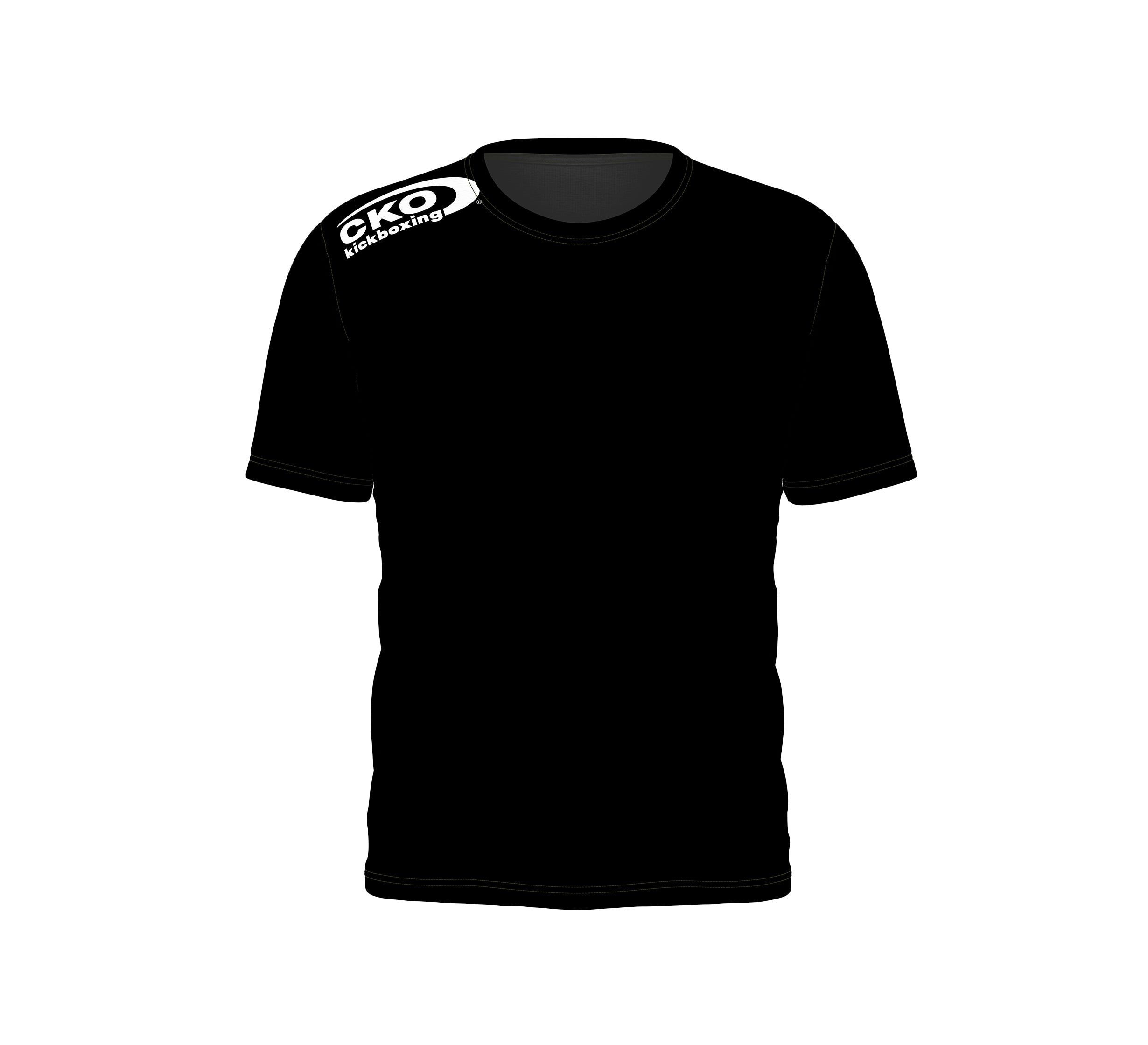 The CKO Trainer T-Shirt Unisex Black features the CKO Kickboxing logo in white on the left shoulder and is shown on a white background.