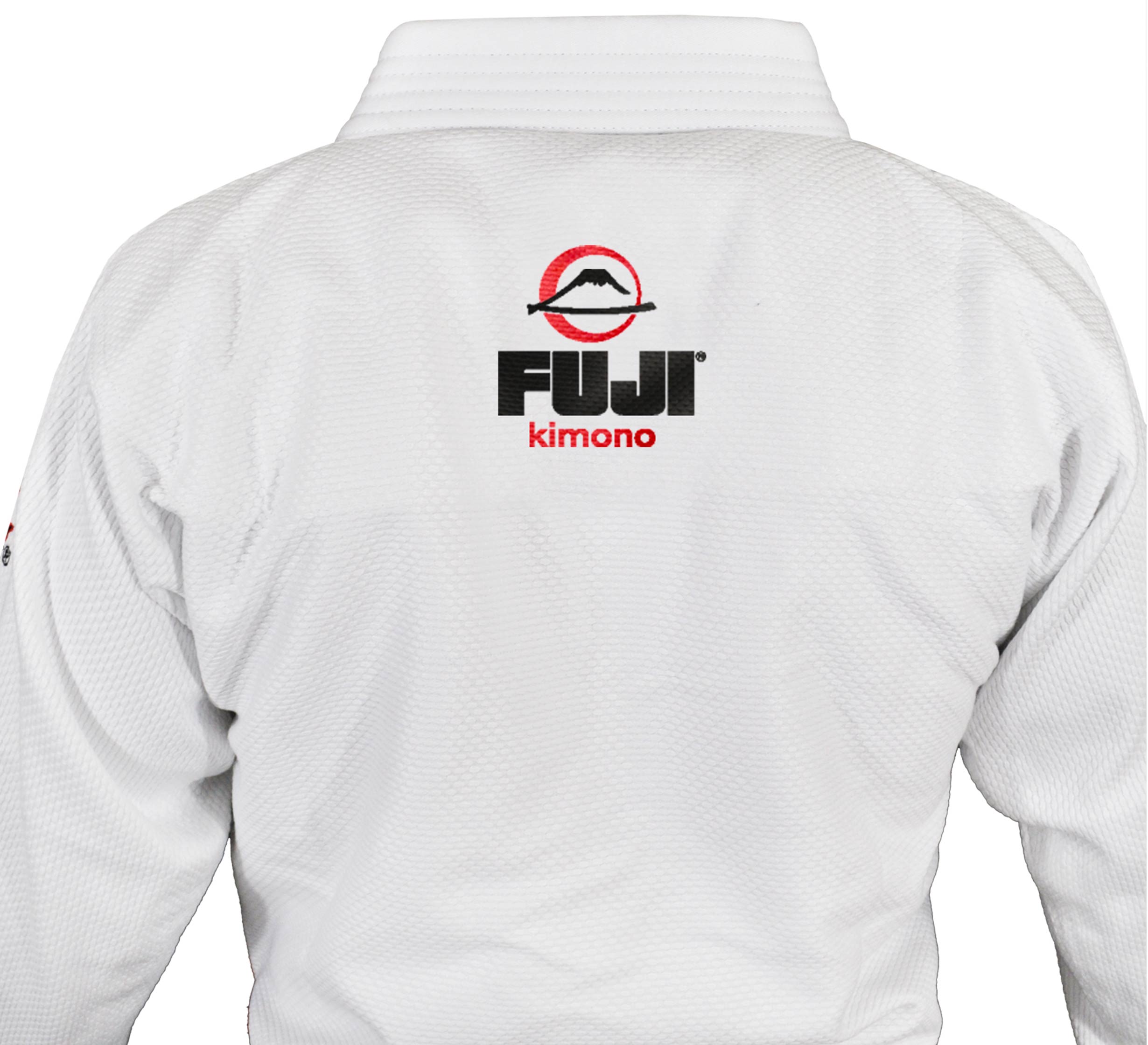 A person wearing a white All Around Kids BJJ Gi, seen from the back, with the FUJI logo and the word "kimono" in red on the upper back.