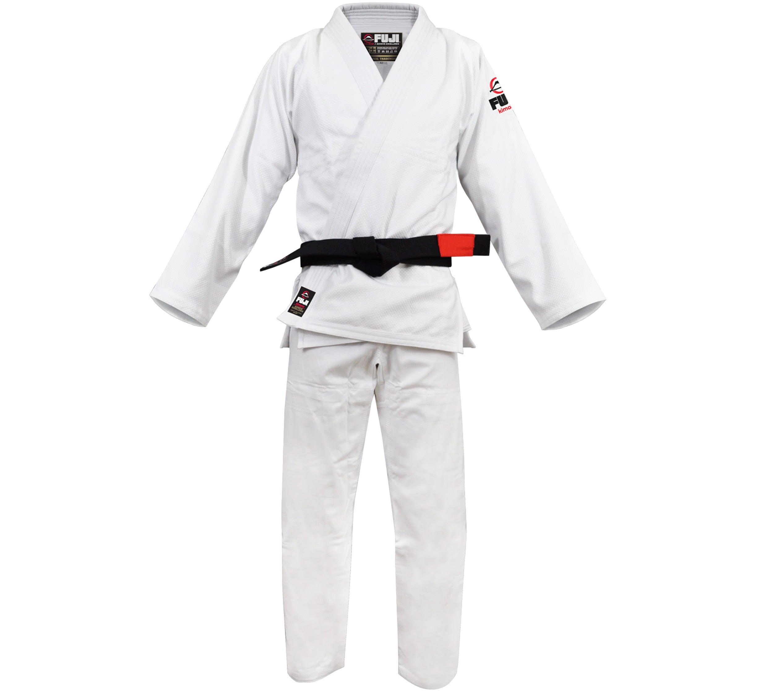The All Around Kids BJJ Gi White features long sleeves and pants with patches on the shoulders and waist, plus a black belt, displayed against a plain background.