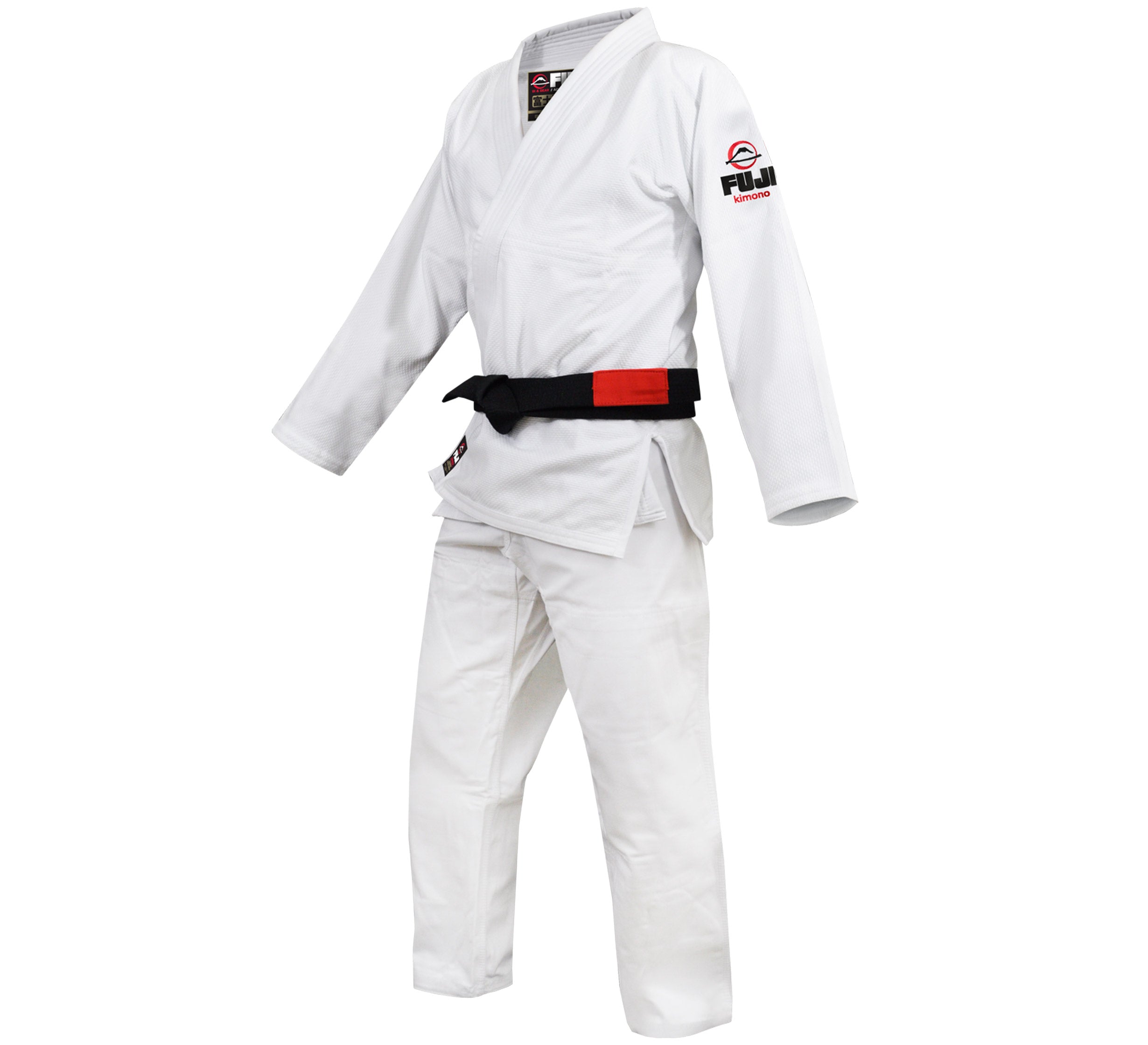 The All Around Kids BJJ Gi White, shown on a mannequin, features long sleeves, shoulder and chest patches, and is styled with a black and red belt.